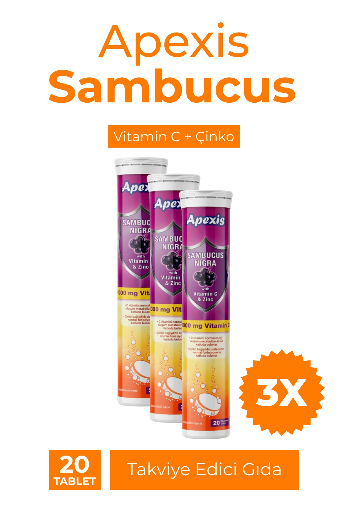 Apexis Sambucus Nigra Vitamin C 1000 mg ve Çinko Tablet 20 Tablet