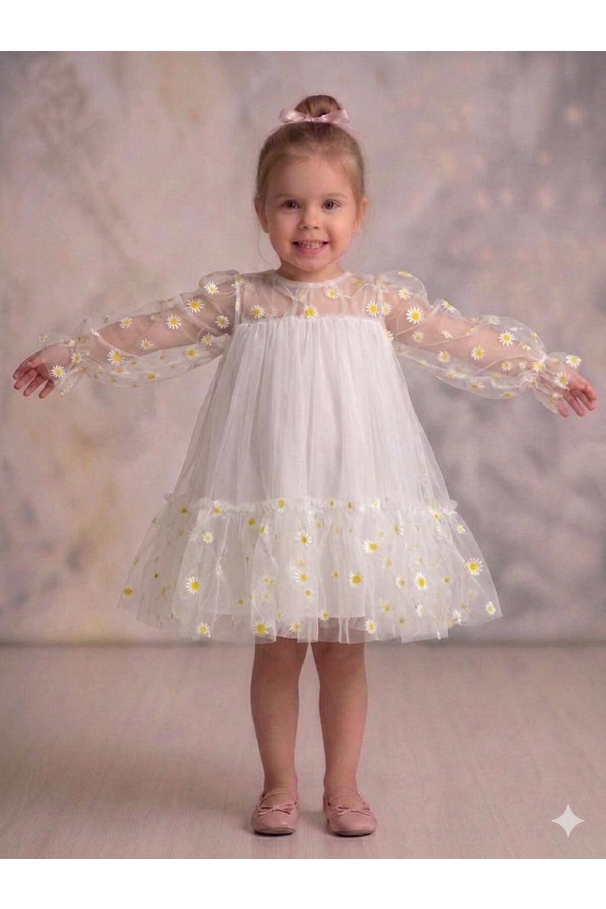Baby Girl Dress with White Daisy Medium Lycra Plain Tulle Skirt Ruffle Long Tulle Sleeve