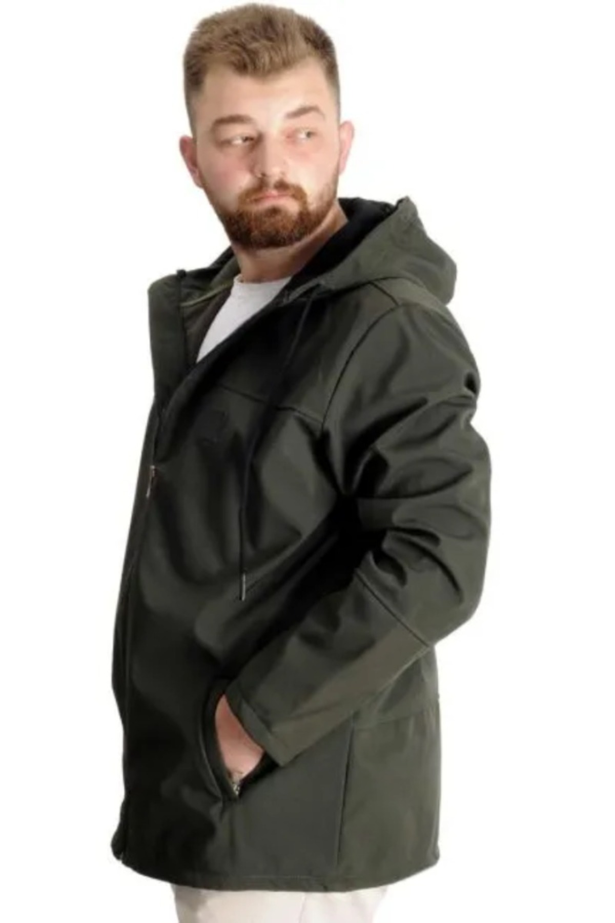 ModeXL Büyük Beden Erkek Kapüşonlu Mont Waterproof Softshell 21235 Haki görsel 3