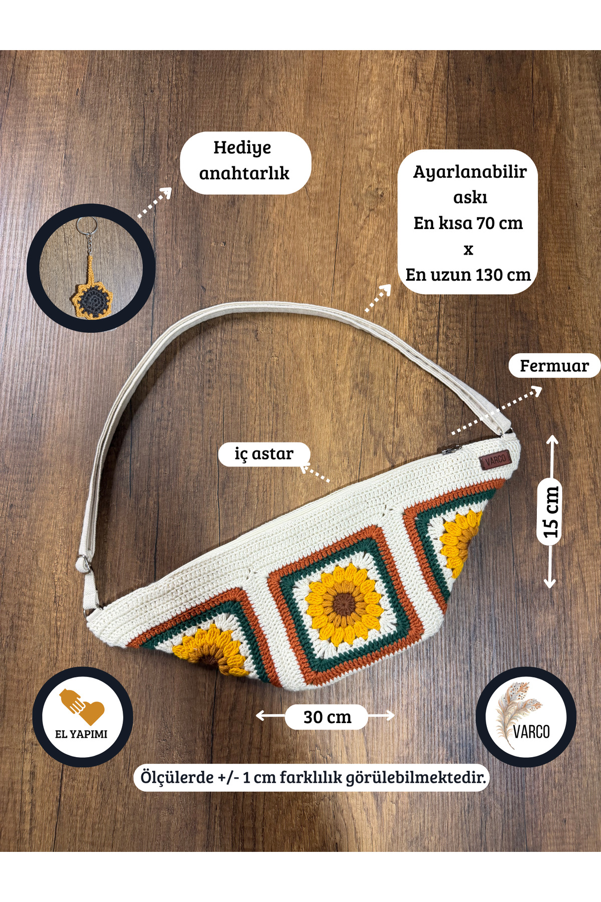 AKSESUARSEPETİ El Yapımı, Ayçiçek Motifli Örgü, Ayarlanabilir Askılı, Astarlı, Fermuarlı, Crossbody/Göğüs Çantası görsel 3