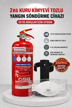 SANTRAL 2 Kg Yangın Söndürme Tüpü 3m N95 Maske Hediyeli Araç Ve Evler Için Uygun