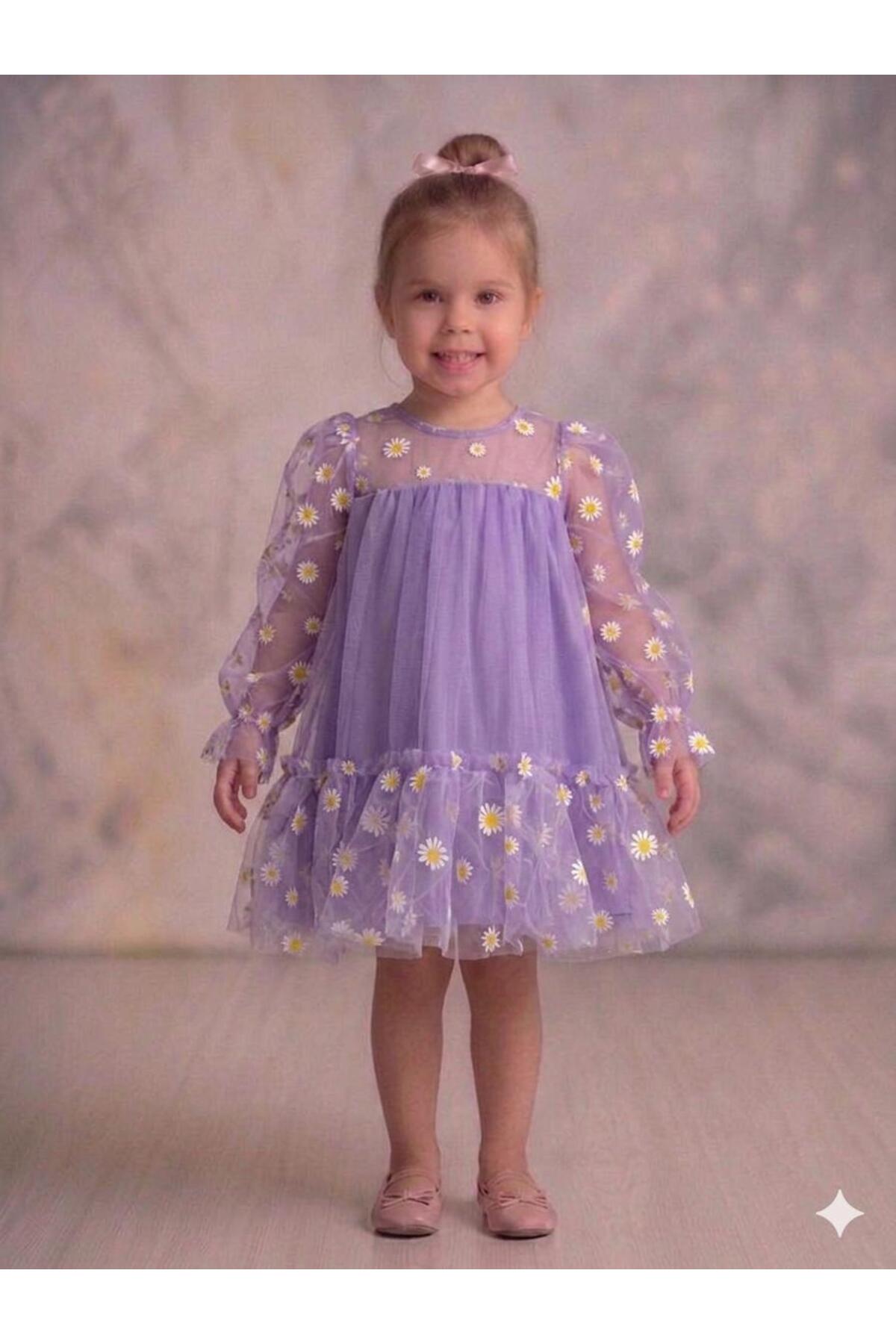 Baby Girl Dress with Lilac Daisy Medium Lycra Plain Tulle Skirt Ruffle Long Tulle Sleeve