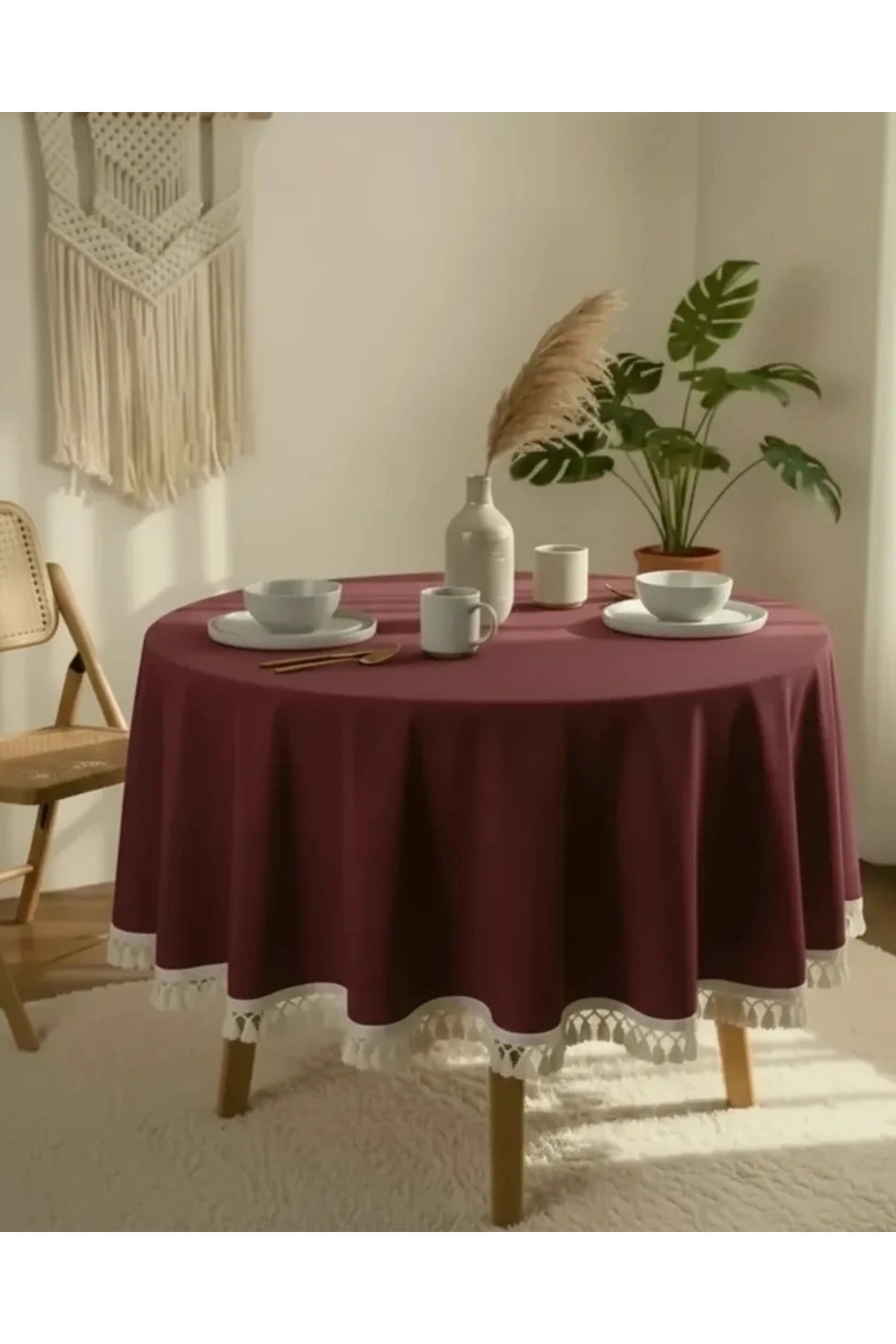Burgundy Cotton Linen Raw Pompom Round Tablecloth