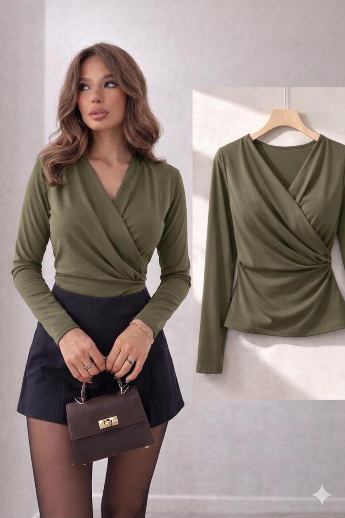 peri tower  YENİ ÜRÜN Kadın Kruvaze V Yaka Sandy Uzun Kollu Şık Bluz 11