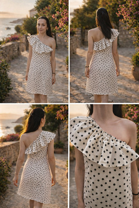 Liliang collection Puantiyeli keten elbise