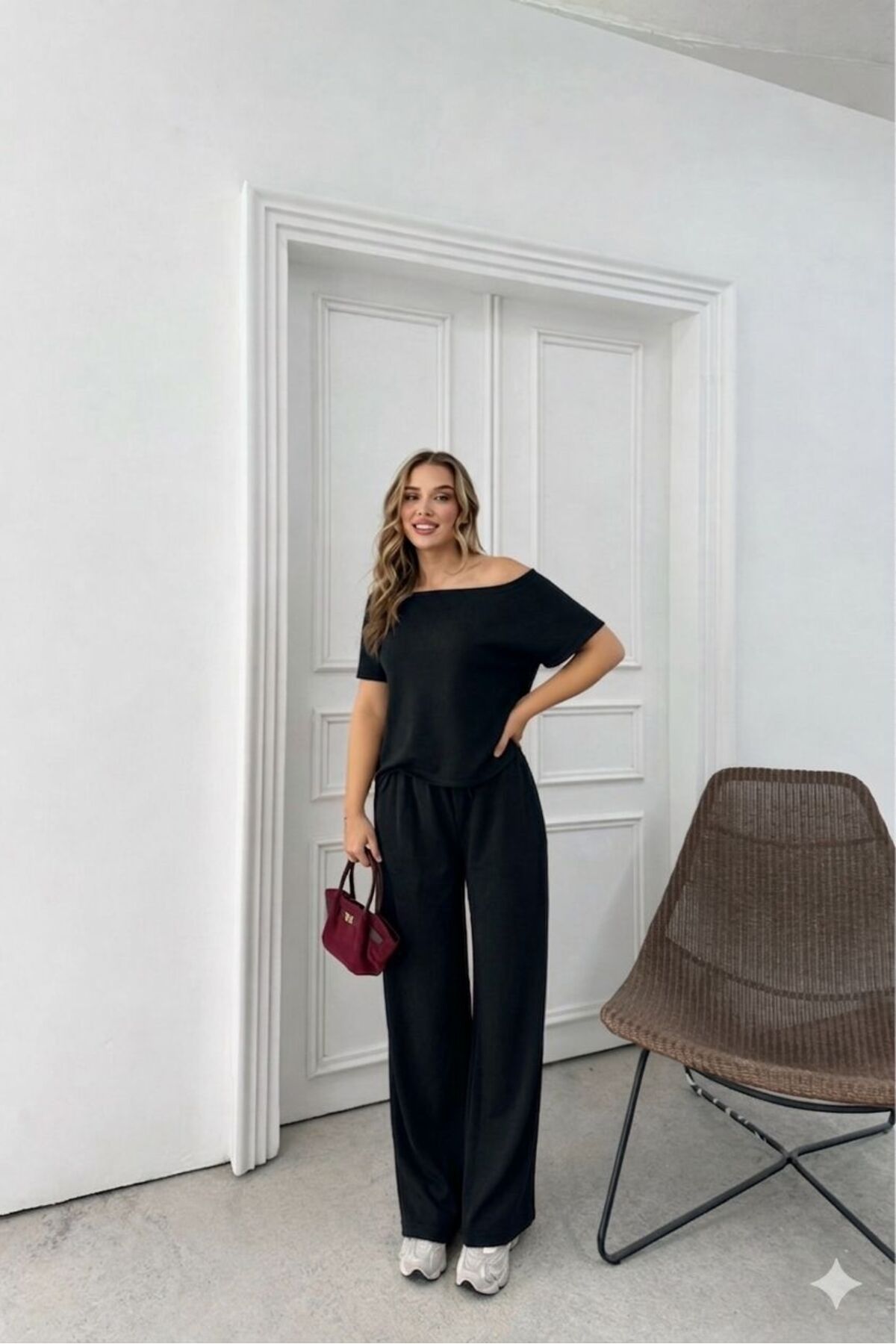 Women's Modal Fabric Loose Low Shoulder Short Sleeve Blouse and Pants Two Piece Set 0087