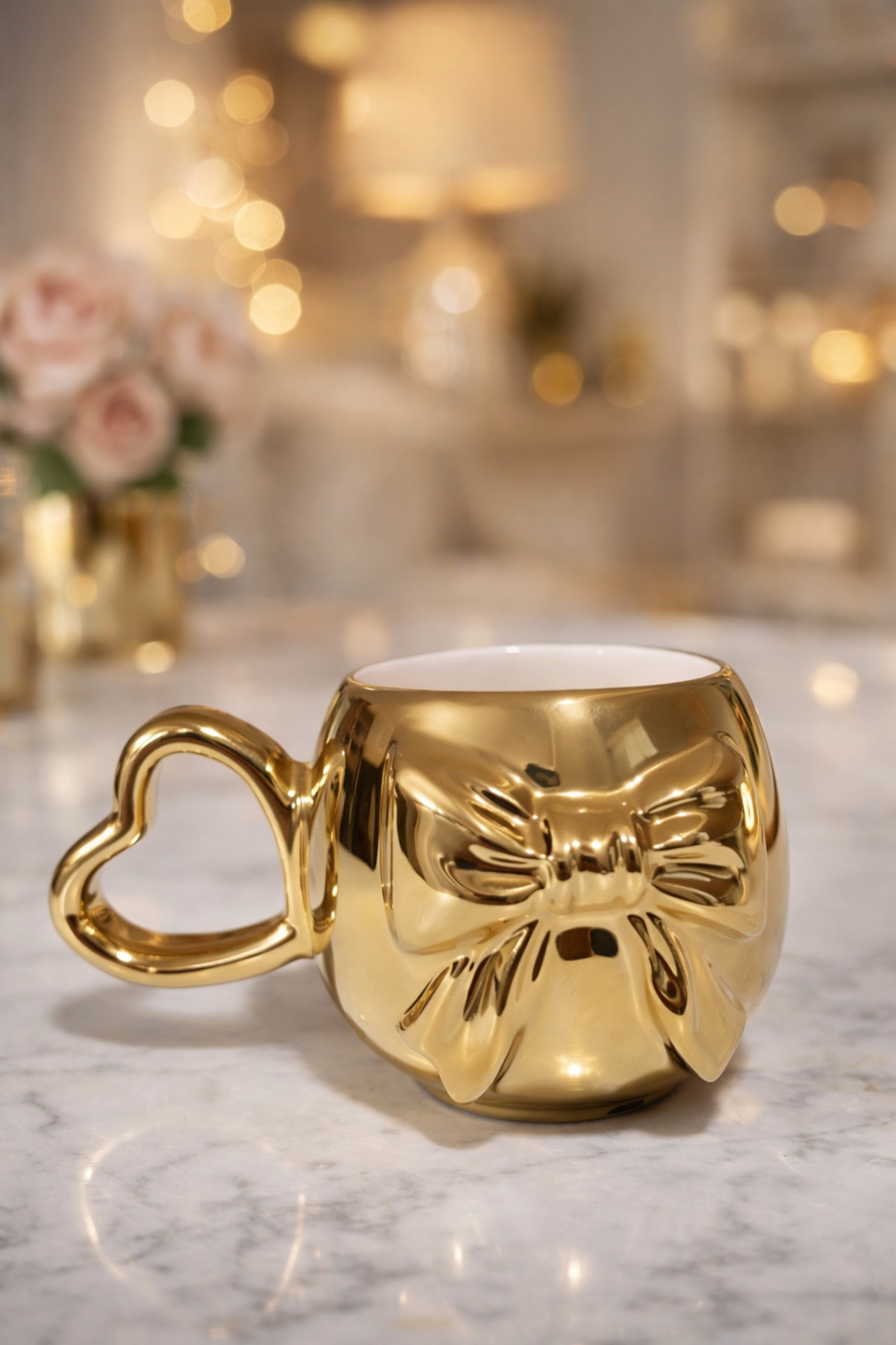 Heart Handle GOLD PLATED 3D BOW PATTERN Custom Embossed All Handmade Ceramic Mug