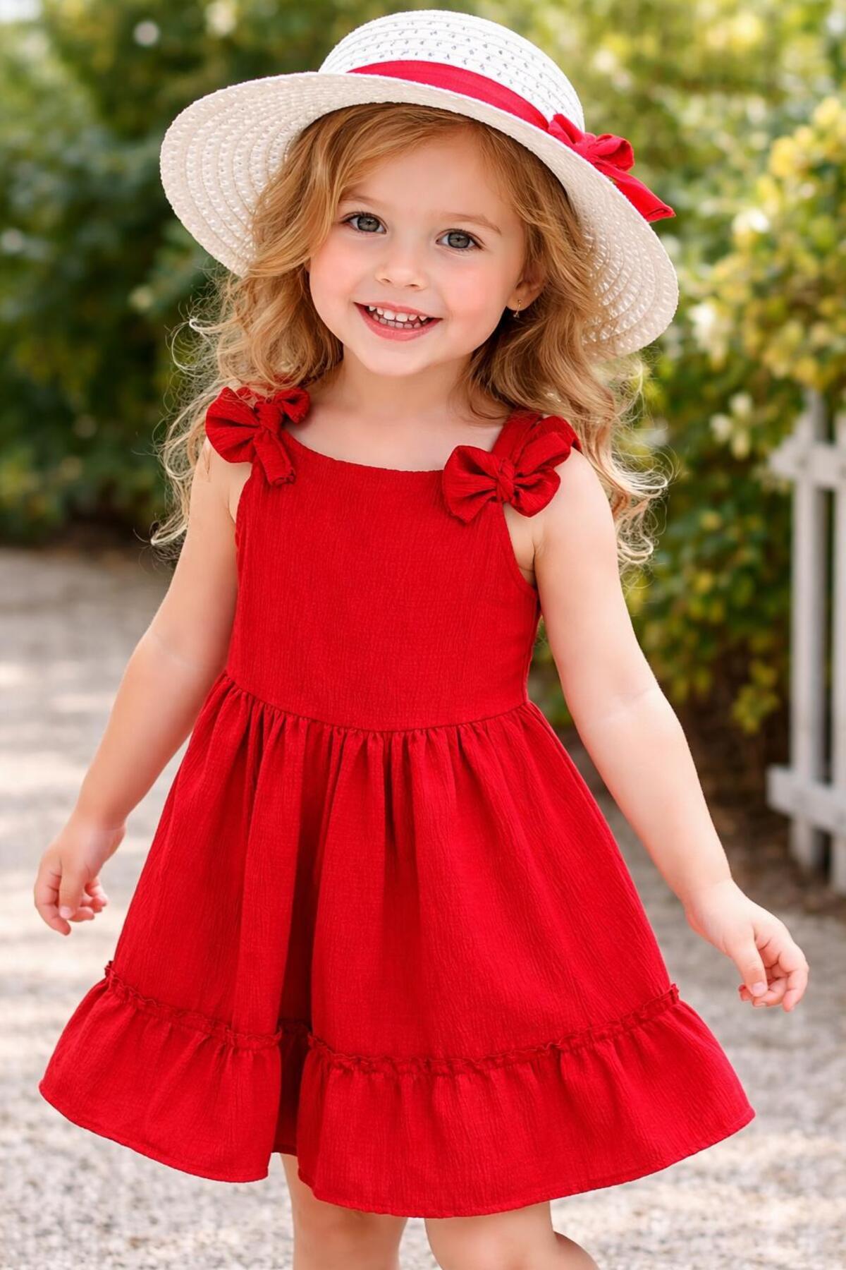 Kuzucuk Kids Bebek Çocuk Butik Kız Çocuk Fuşya Askılı Fiyonk Detaylı Şapka Detaylı Elbise Şık Günlük Yazlık Elbise