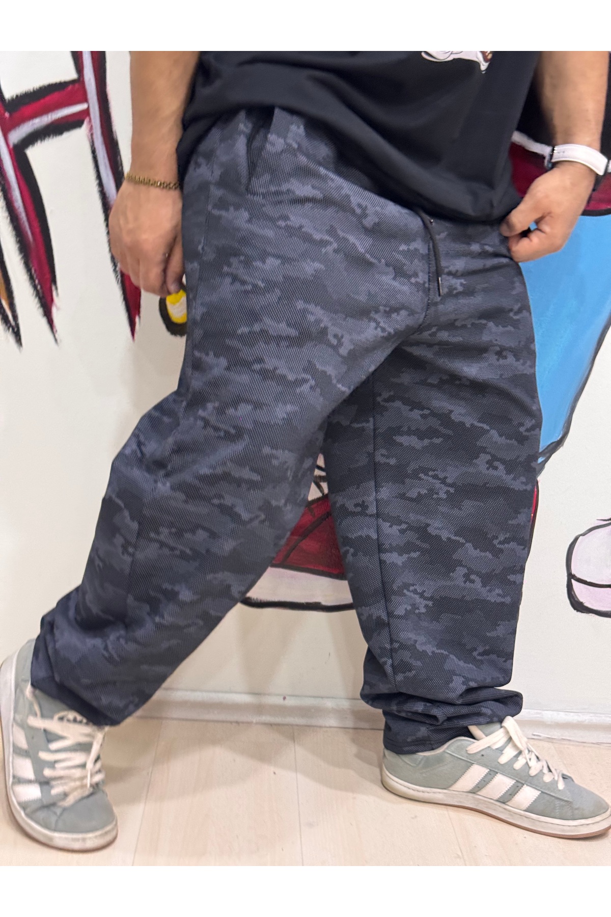 Bas Body FitnessWear Büyük Beden Mavi Kamuflaj Eşofman Alt Derin Cepli Fermuarlı Bel Esnek Ve İpli