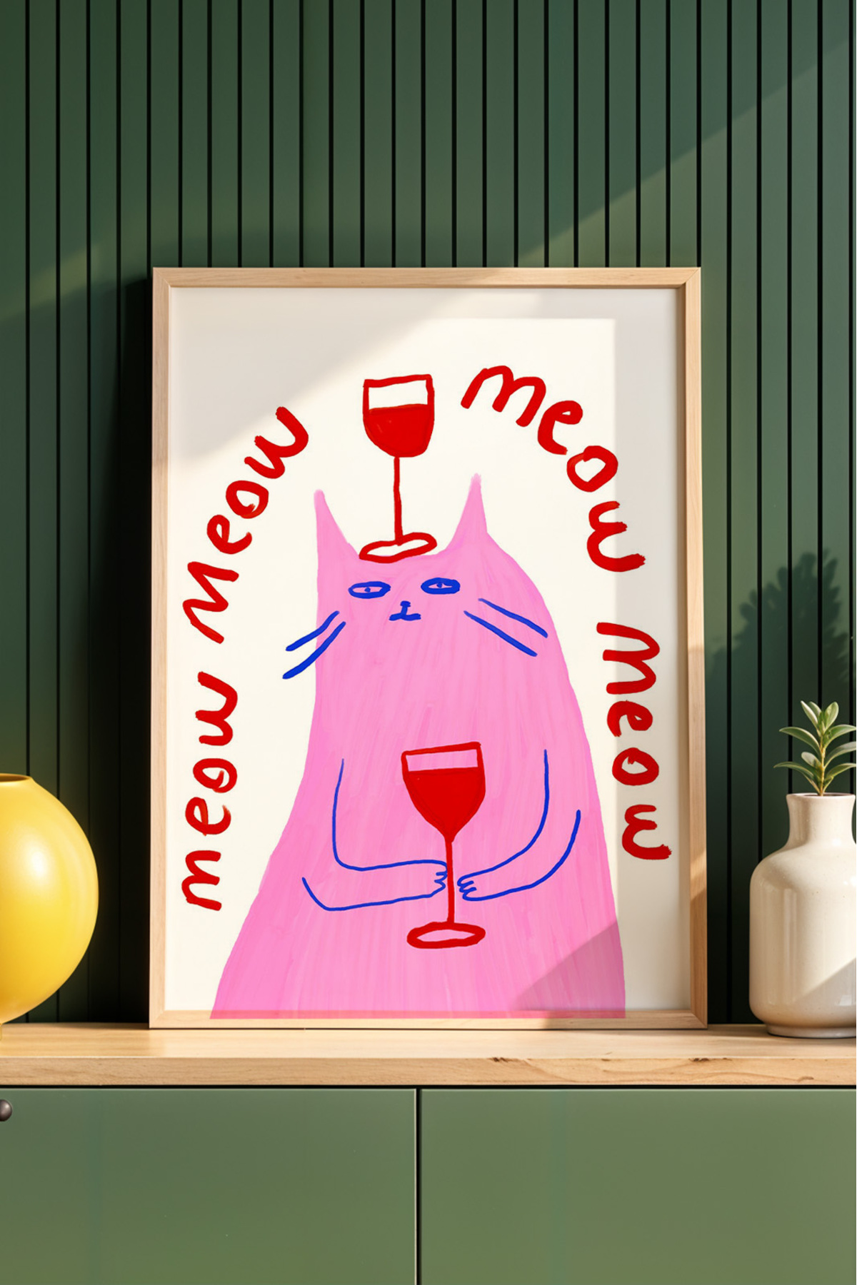 Kedi ve Şarap Temalı Yazılı Tablo Eğlenceli Poster Duvar Dekoru Çerçevesiz