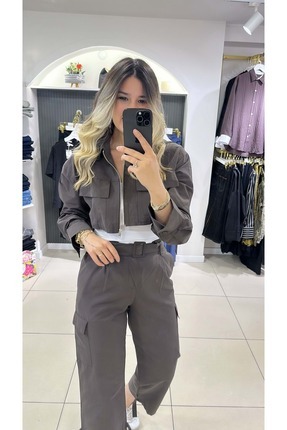 HandeButik KADIN PARAŞÜT KUMAŞ KAHVERENGİ ALT ÜST TAKIM