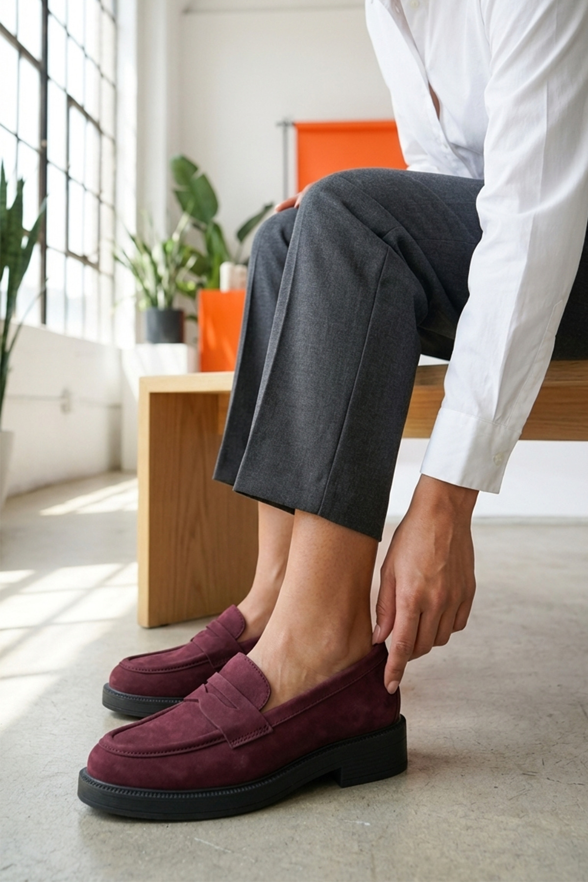 GRADA Bordo Nubuk Loafer Hakiki Deri Kadın Ayakkabı Gerçek Deri Bordo Nubuk Kadın Makosen Ayakkabısı görsel 2