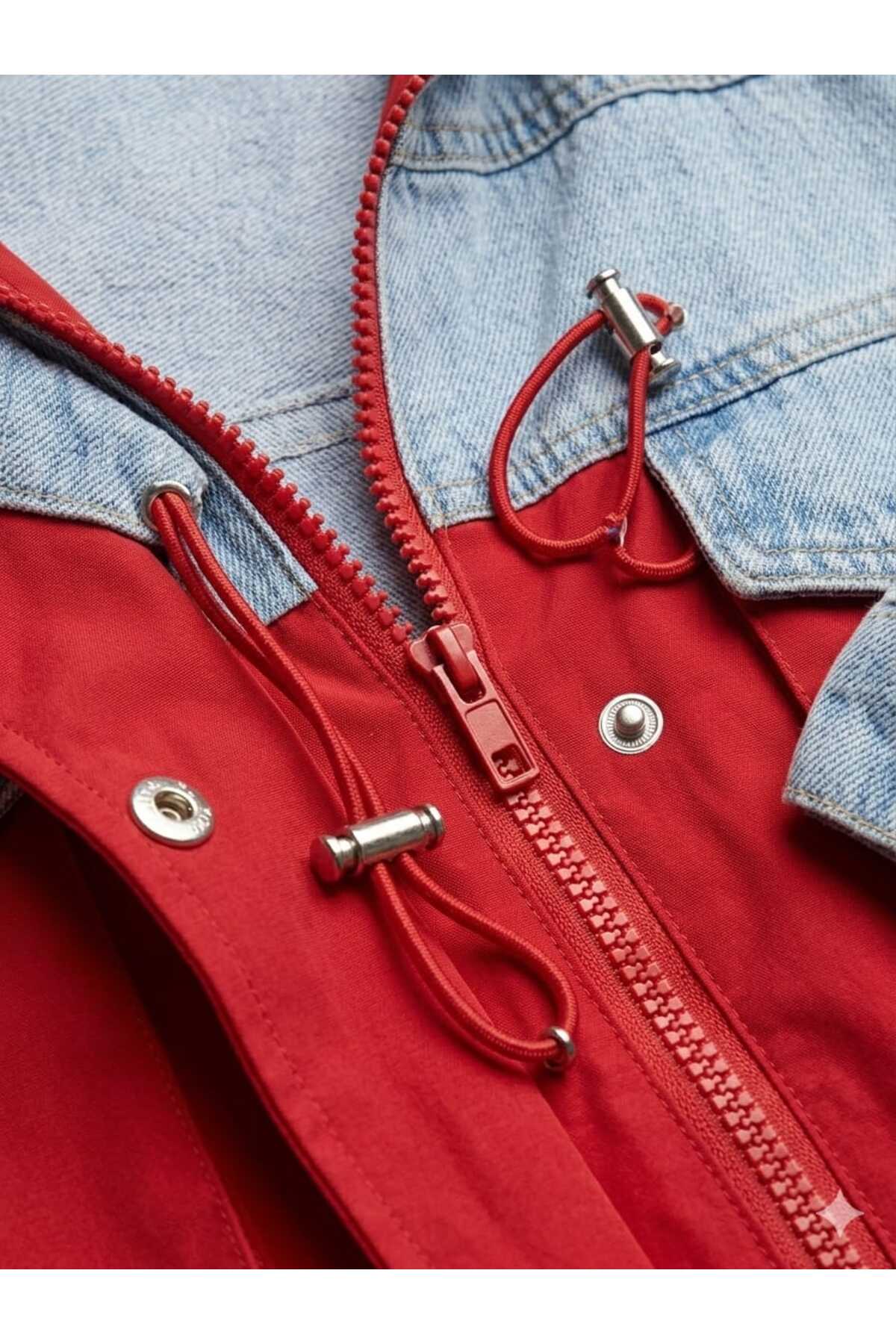 Zylen Denim Detaylı Mix Uzun Cepli Yağmurluk Kadın görsel 3