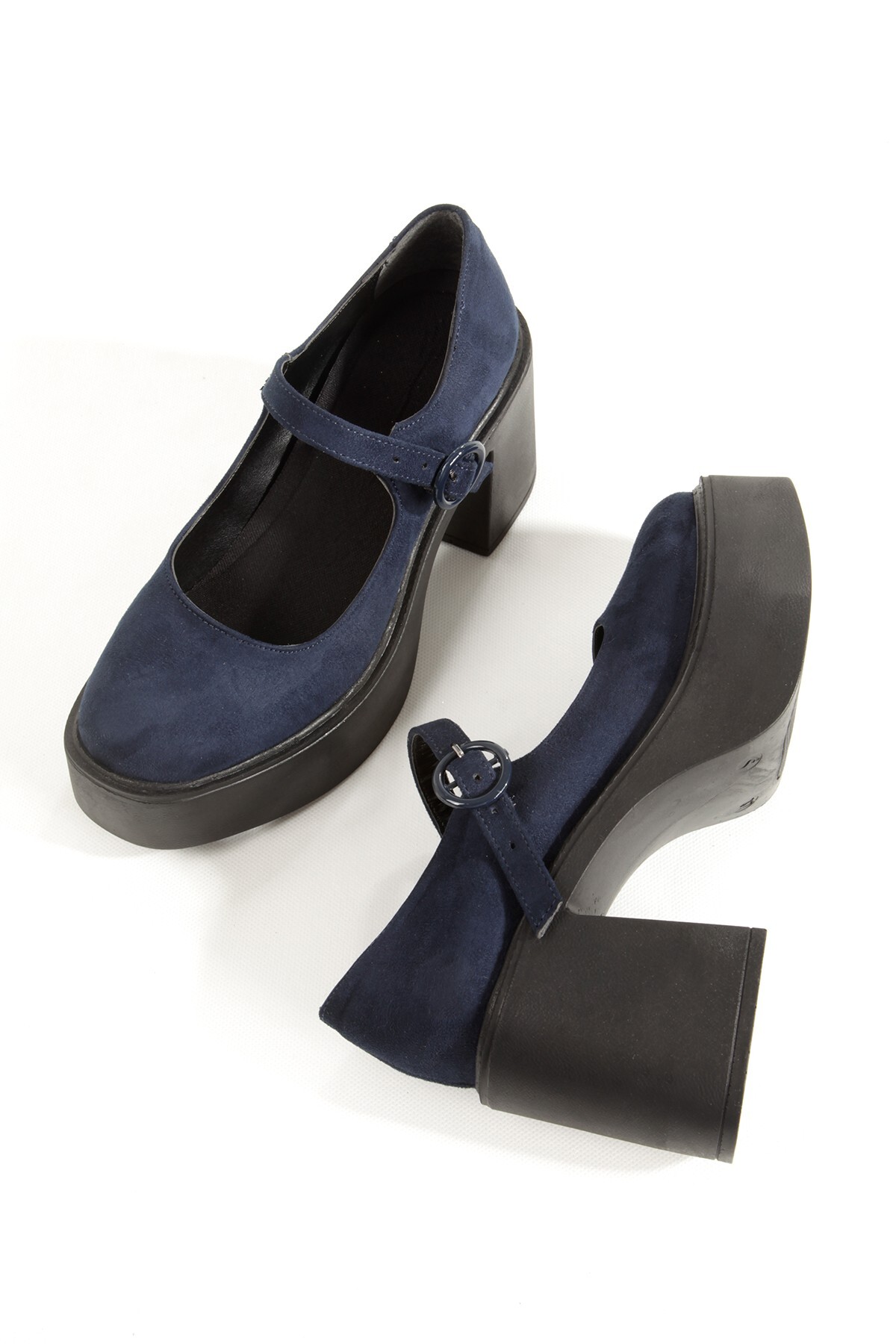 Navy Blue Suede Mary Jane Shoes Thick Platform Heeled Sandals BİZA