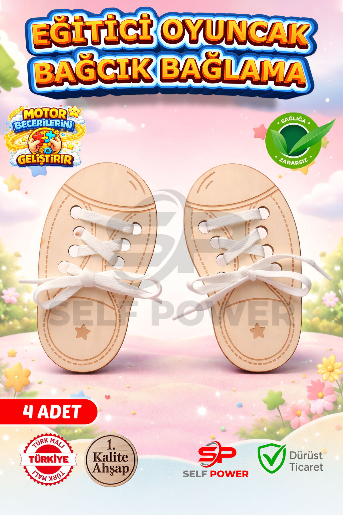 TYING 4 WOODEN LACES INCL. EDUCATIONAL TOY ROPE