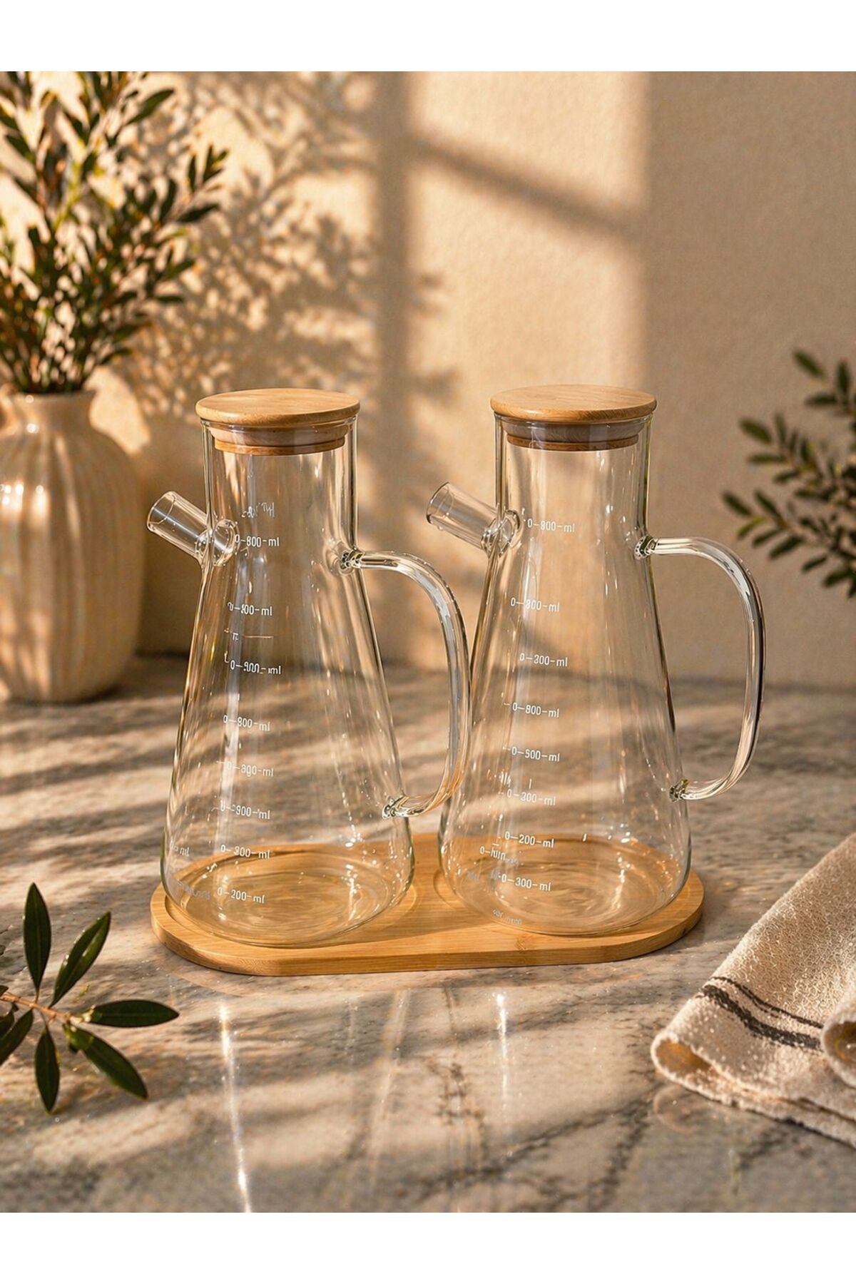 Life Essence 600ml 3本セット ALVİN HOME KITCHEN Bambu Kapakli Cam Yağdanlık Seti ikili 900ML