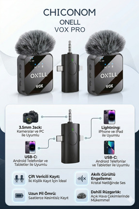 chiconom Onell Vox Pro 2’li Kablosuz Yaka Mikrofonu Type-C iPhone Android Uyumlu