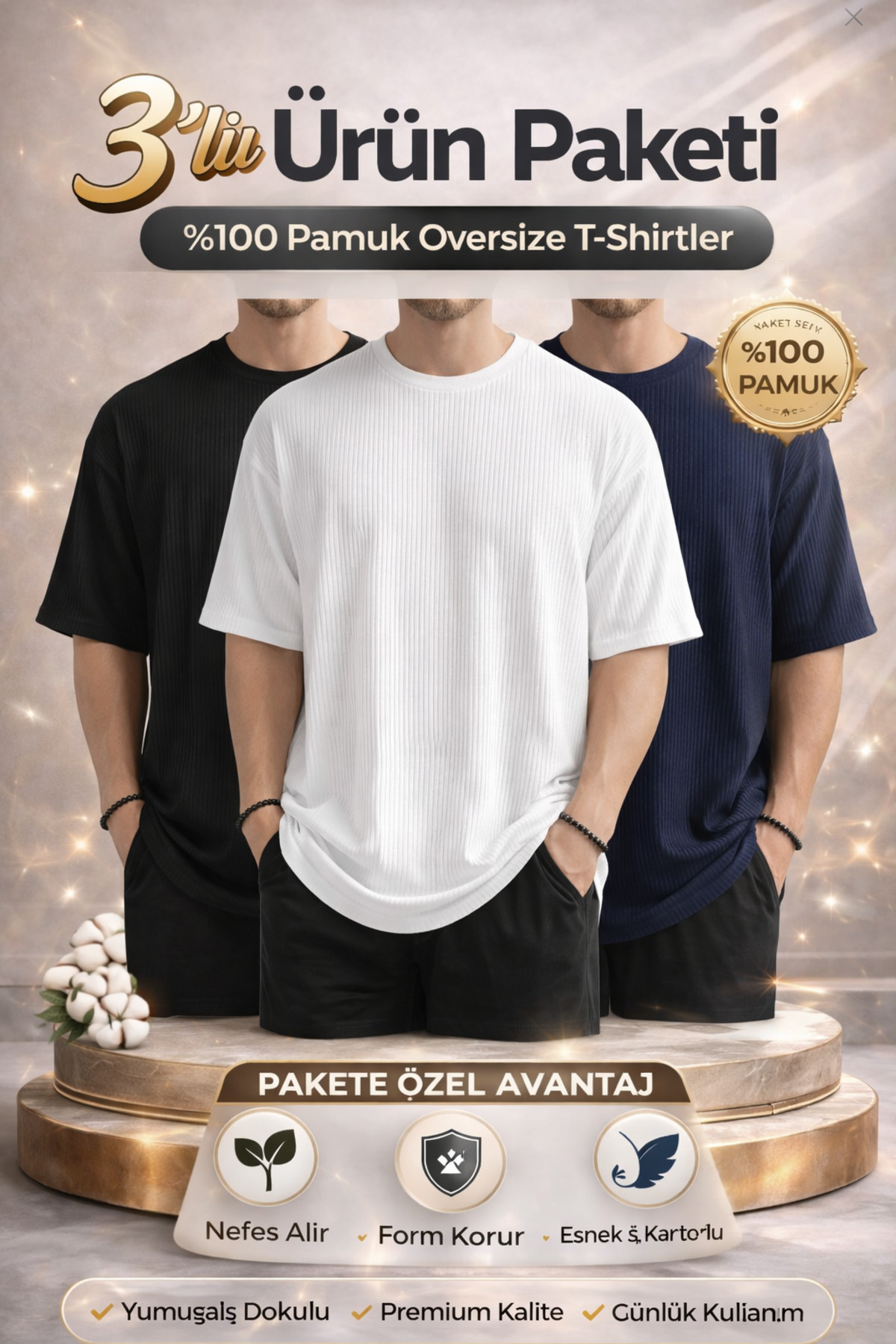 SKYBEAR  Siyah Beyaz Lacivert 3lü Paket Oversize Fitilli %100 Pamuk Premium Kalite Erkek T-Shirt
