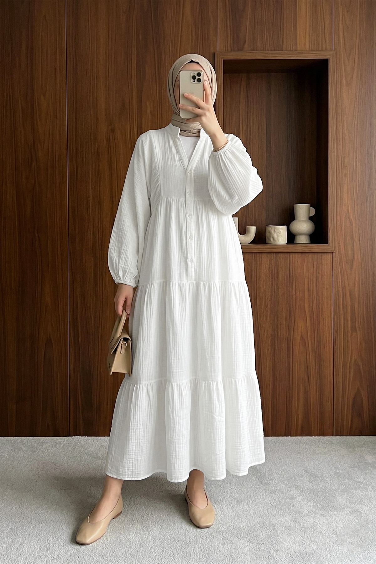 Elastic Sleeve Piece Long Relaxed Muslin Dress - White