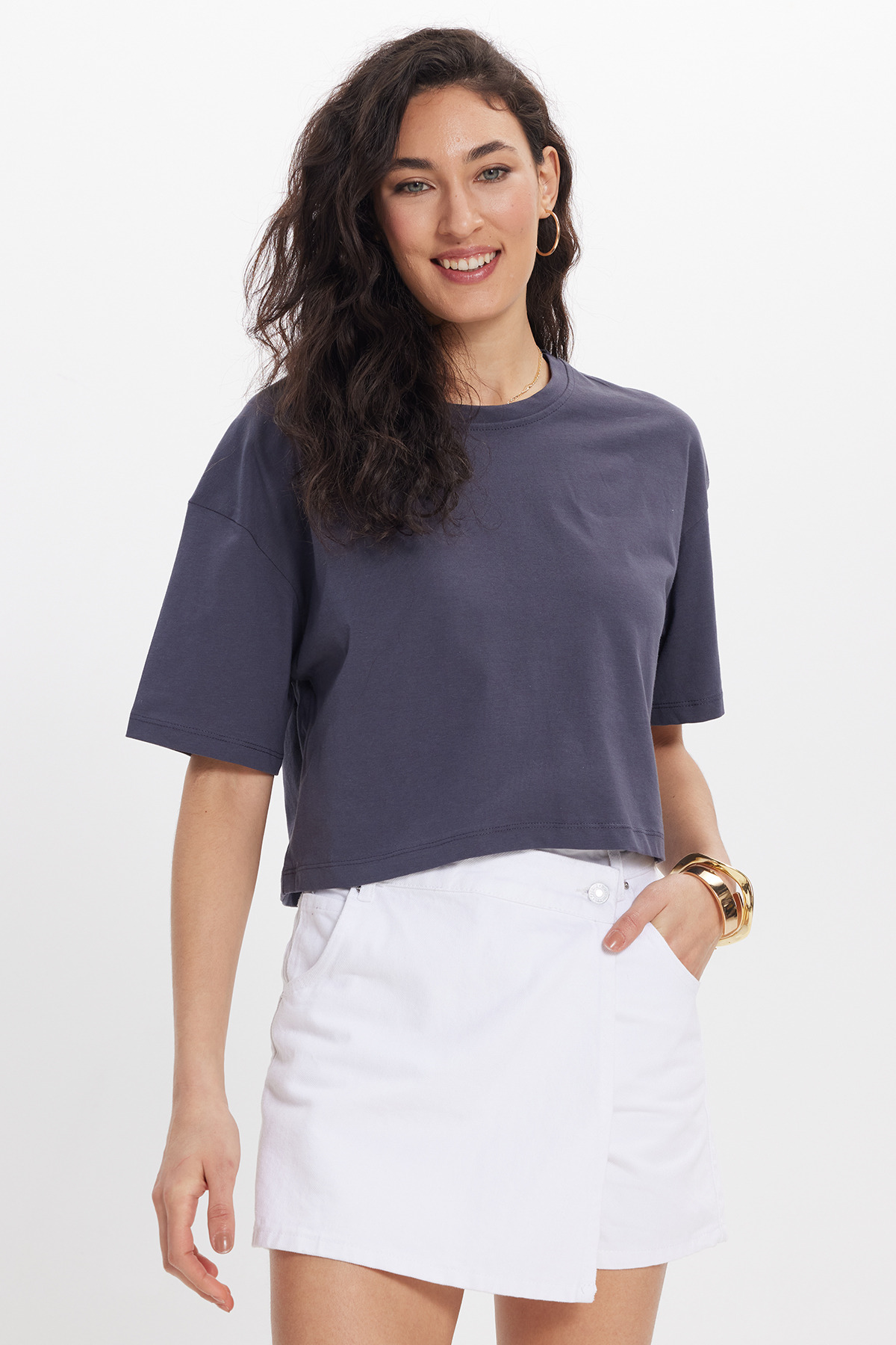 Women's Slim Fit Slim Fit 100% Cotton Short Sleeve Crew Neck Grey Crop T-Shirt Blouse
