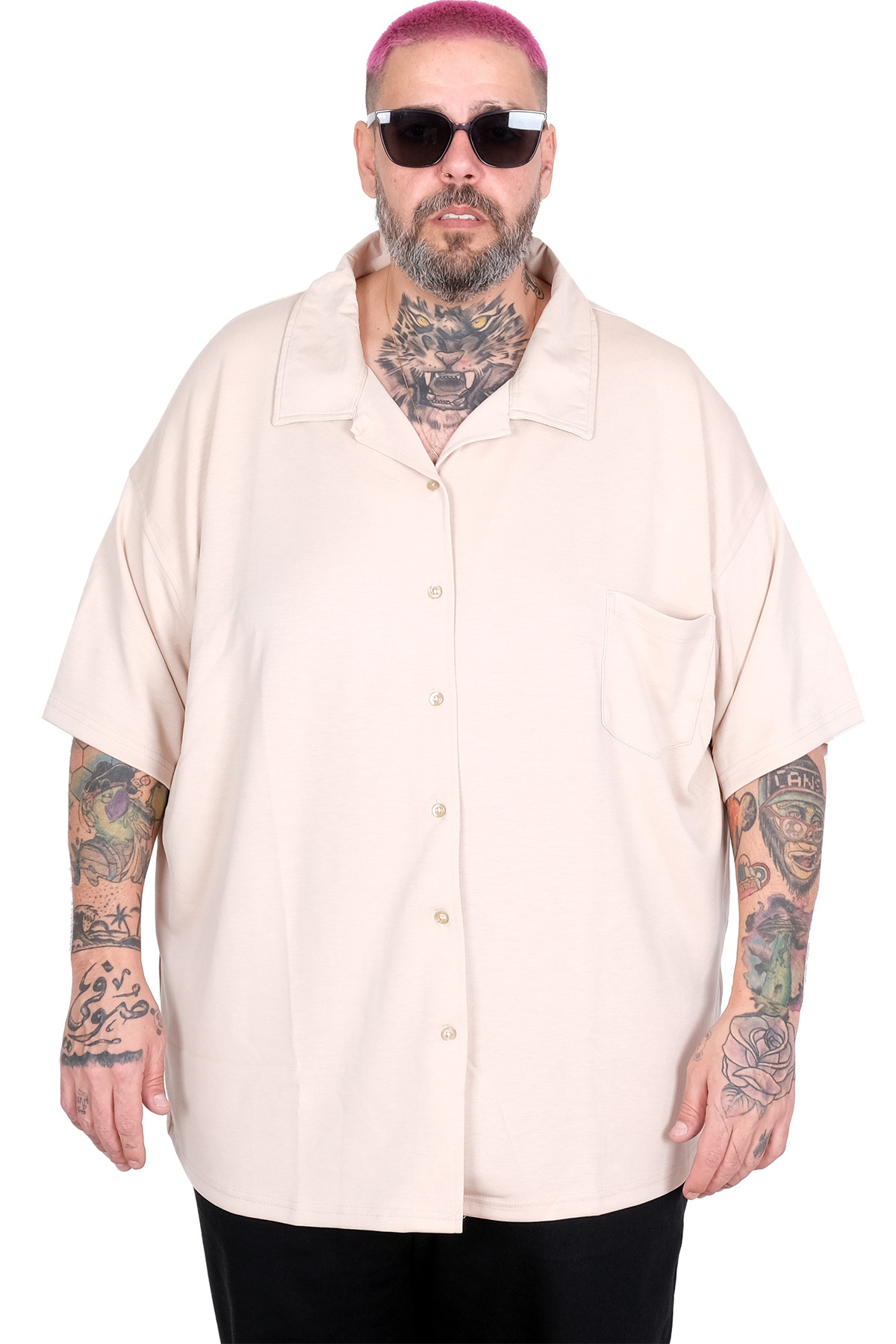 ModeXL Mode XL Büyük Beden Gomlek Apas Yaka Kısa Kol U26380 BEJ