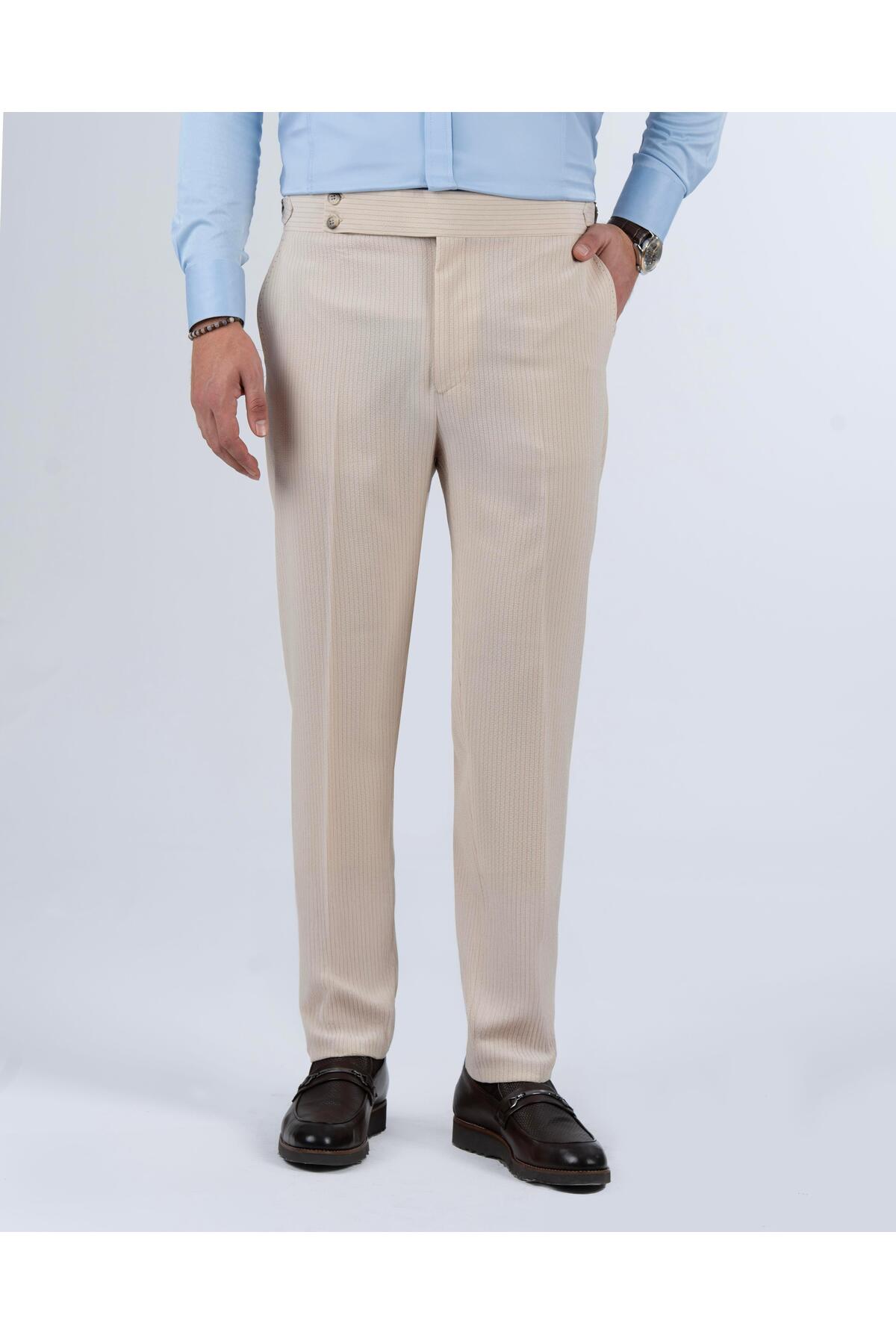 slim fit bel detaylı gofre pantolon bej T13956 — مشکی