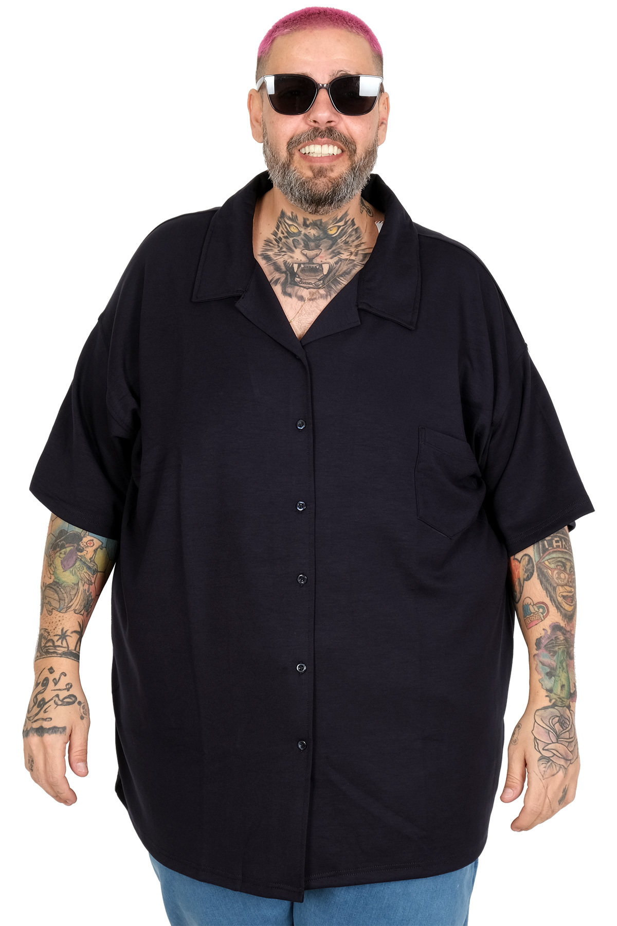 ModeXL Mode XL Büyük Beden Gomlek Apas Yaka Kısa Kol U26380 LACİVERT