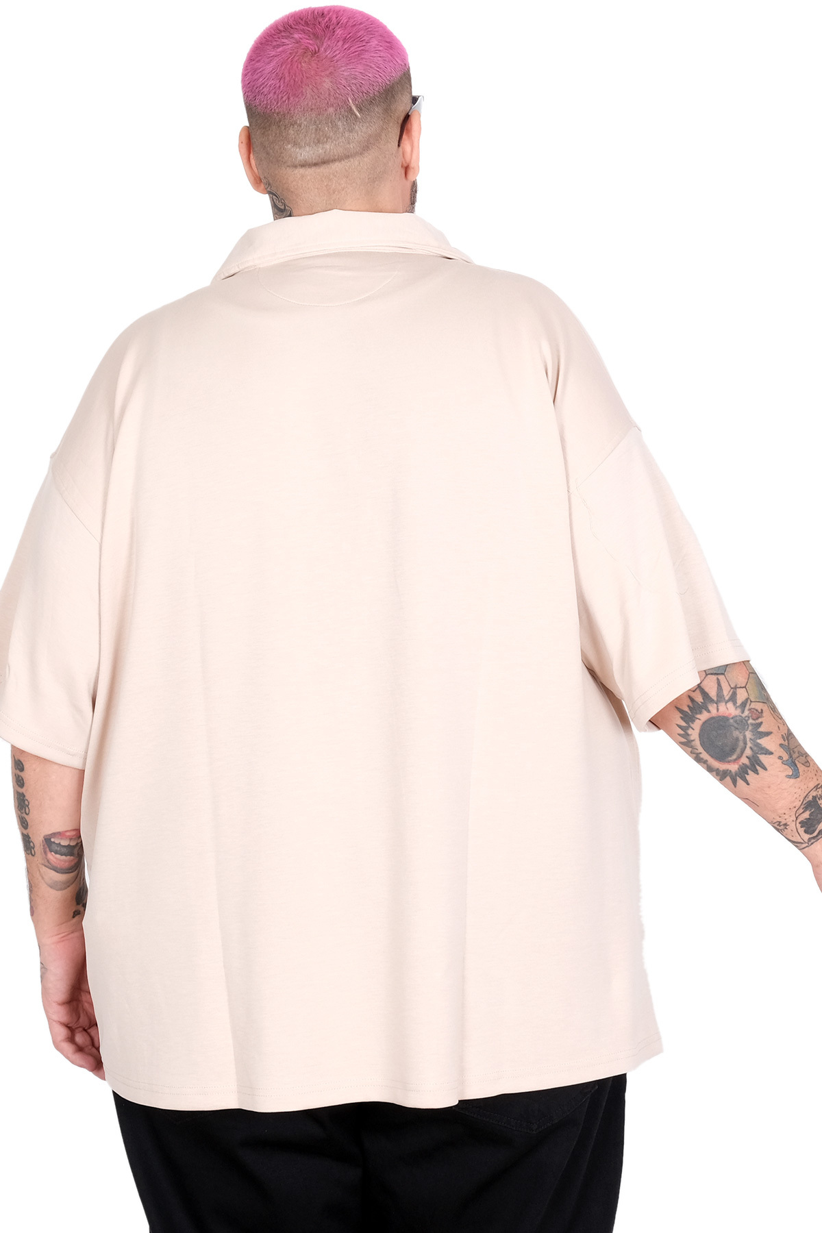 ModeXL Mode XL Büyük Beden Gomlek Apas Yaka Kısa Kol U26380 BEJ görsel 4