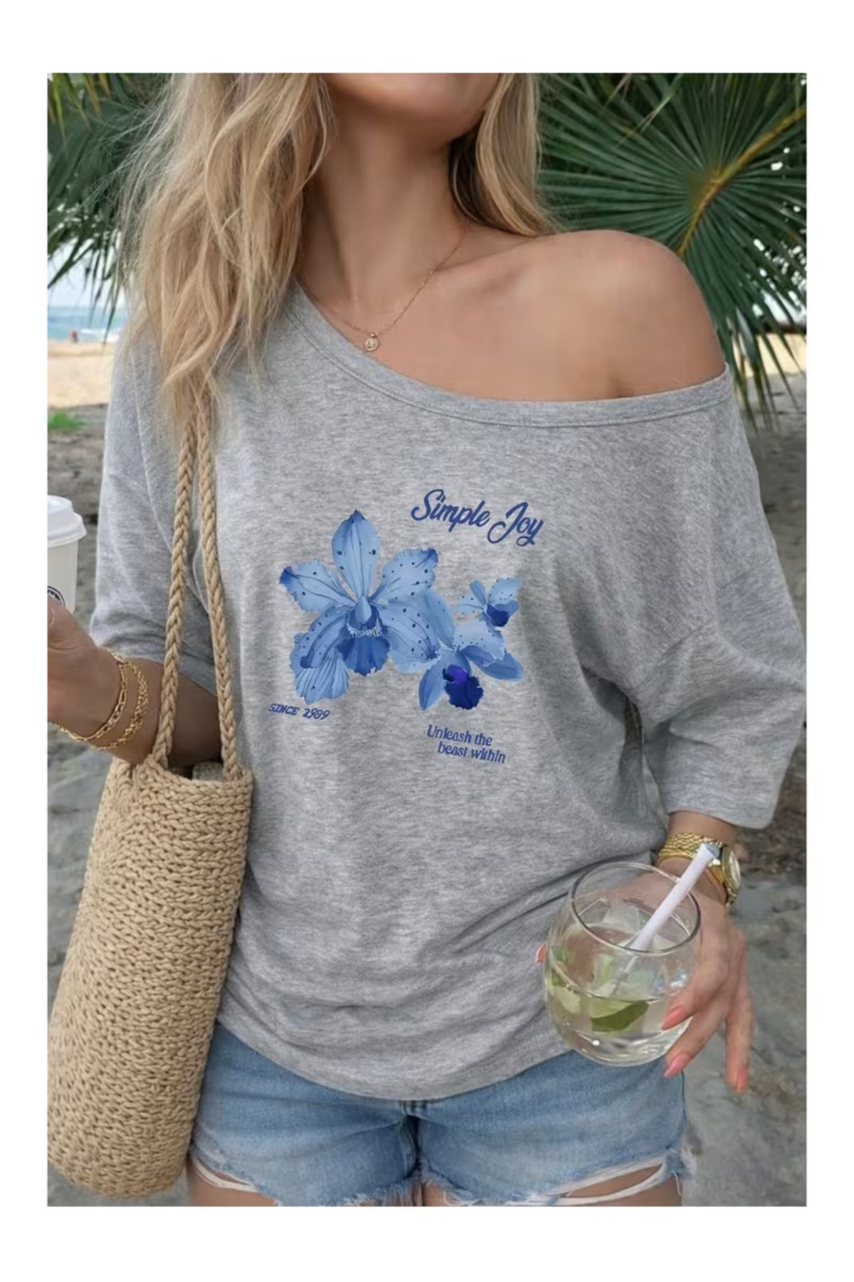 Women's Boat Neck Simple Joy Printed Oversize 100% Cotton T-shirt