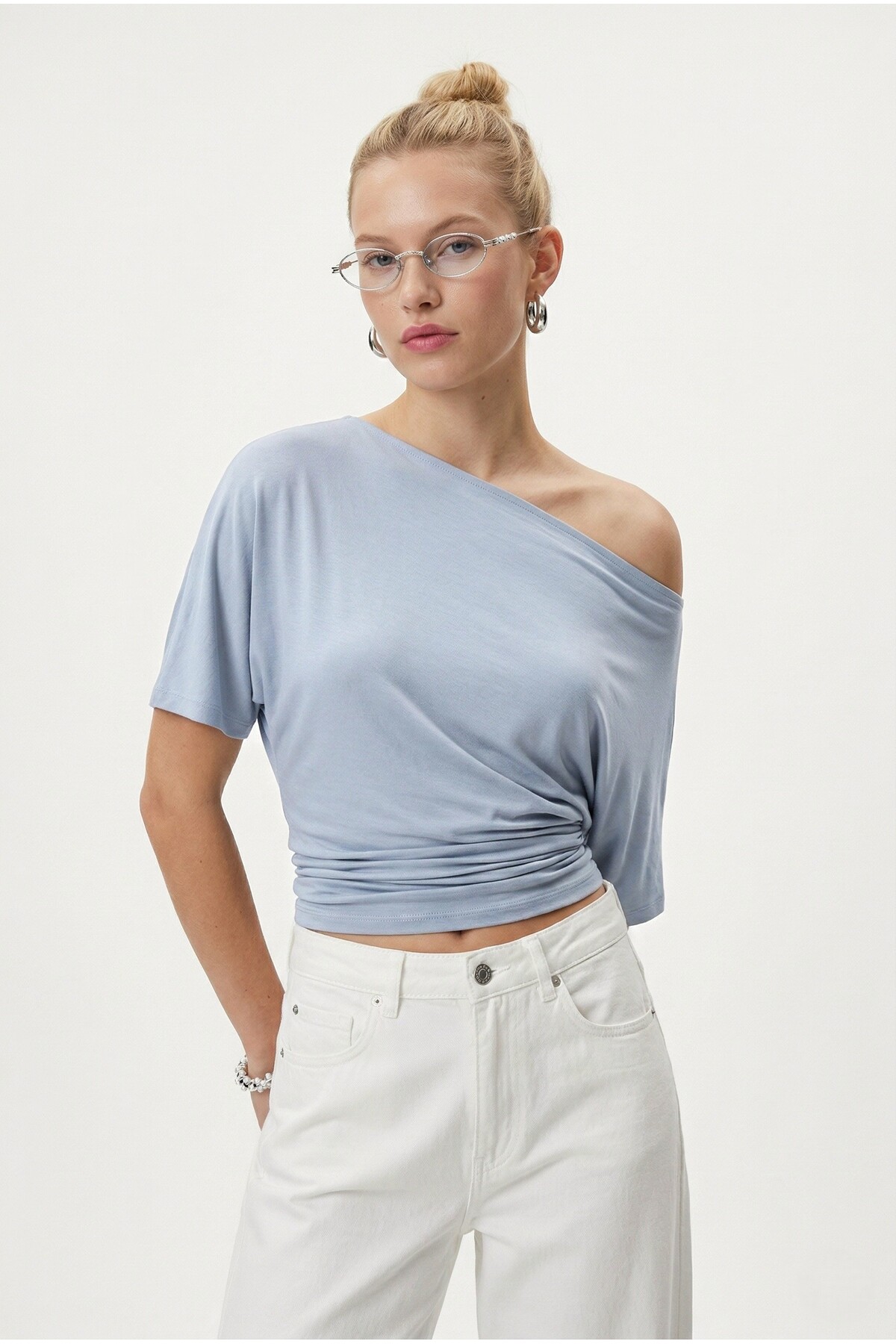 Ritnice  Kadın Germa Asimetrik Omuz Detay Mavi Bluz - Görsel 3