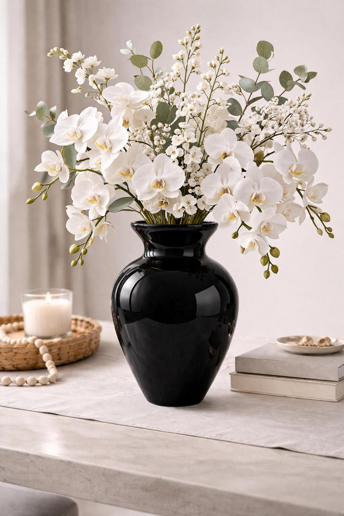 LAUREL Glass Vase 25 Cm • •BLACK PAINTED 6Y24007 • • Decorative Vase Modern Flower Vase Living Room Office Table Vase Models Pampas Vase Luxury Glass Vase Living Room Vase Scandinavian Glass Vase
