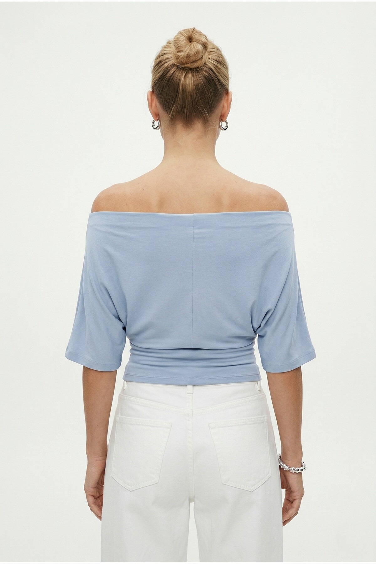 Ritnice  Kadın Germa Asimetrik Omuz Detay Mavi Bluz - Görsel 5
