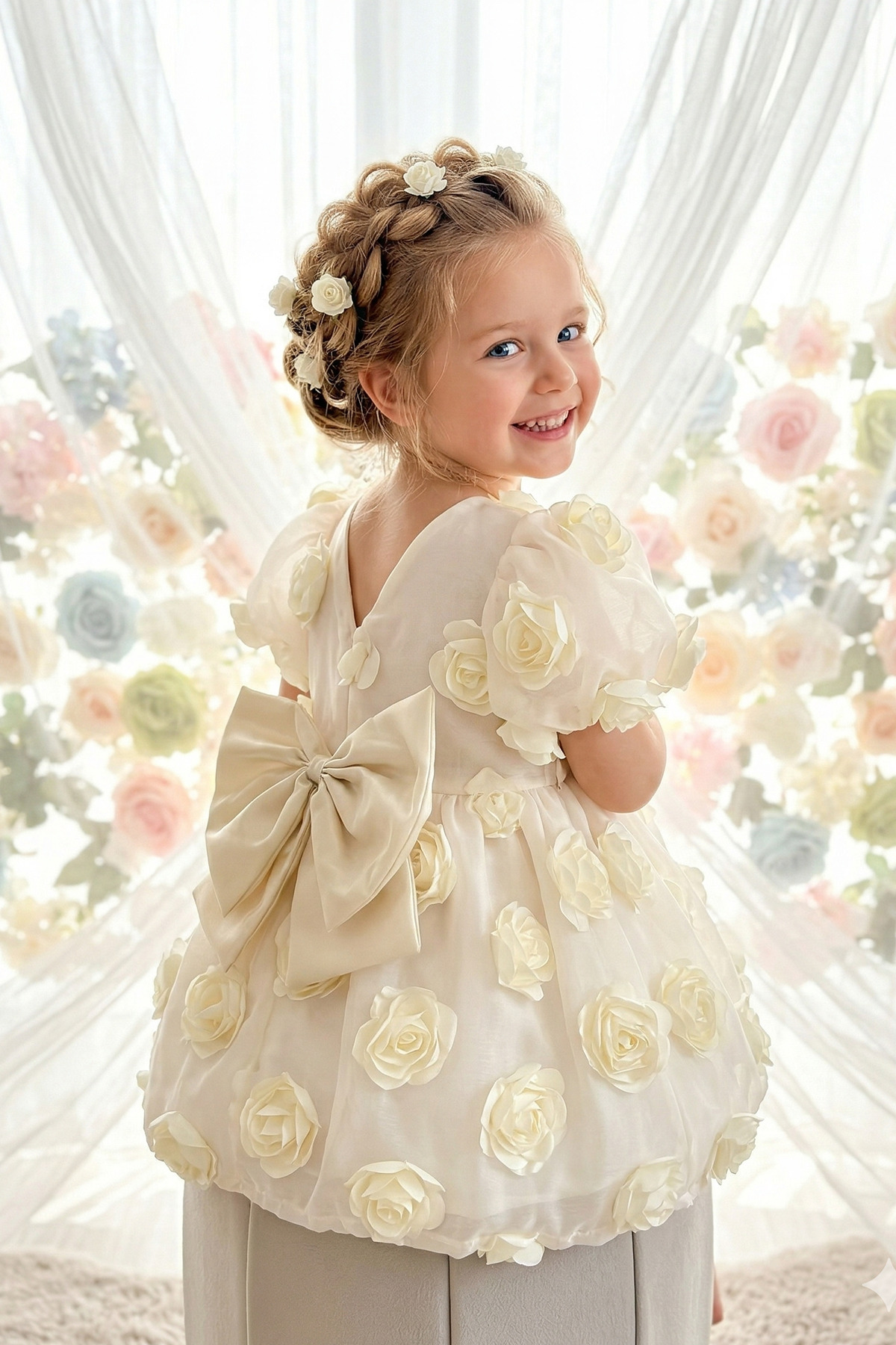 Girl 4-5 Years Back Detailed 3D Rose Applique Tulle Tutu Bowknot Princess Birthday Party Dress