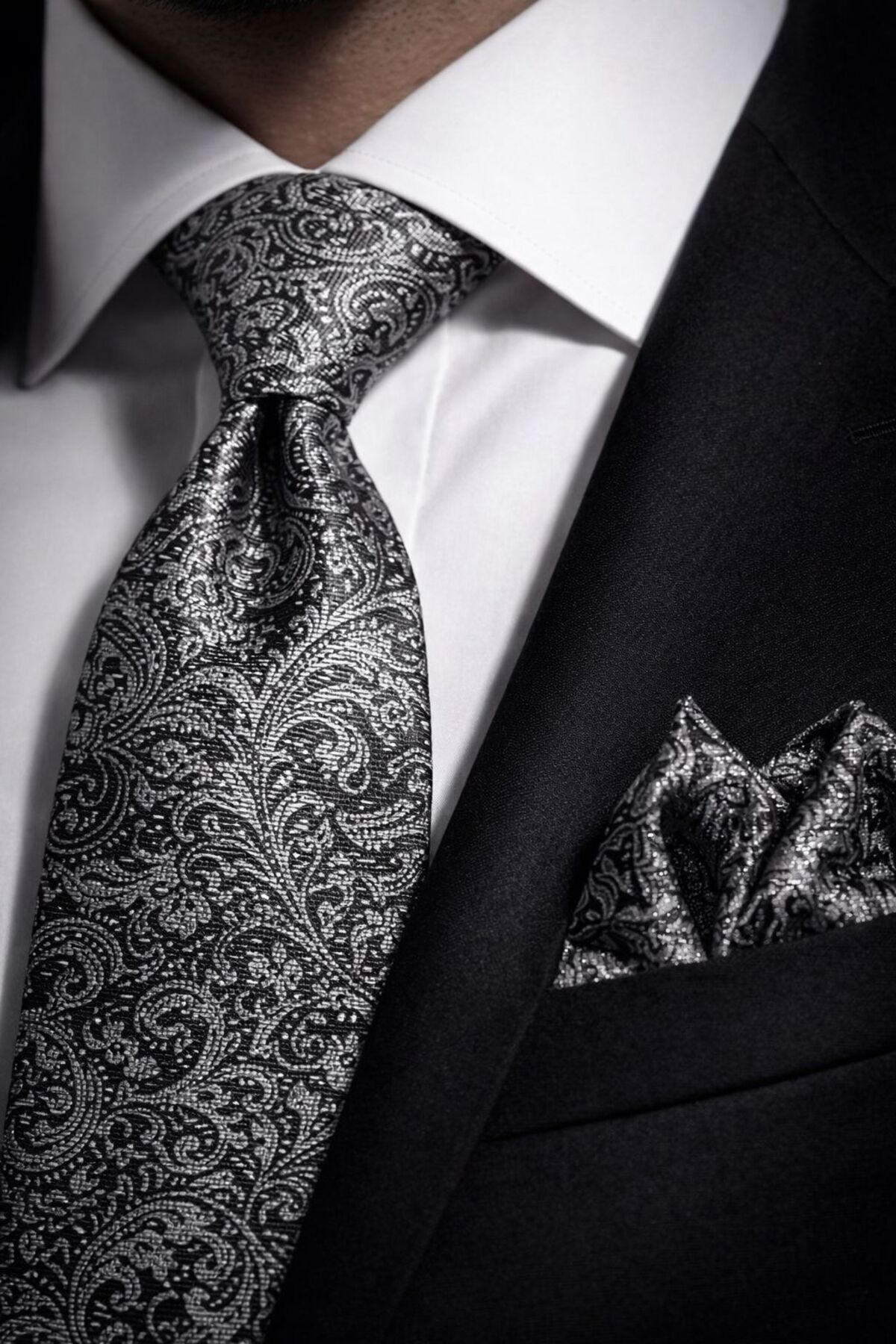 vavazel  Siyah Beyaz Şal Desen Mendil Kravat