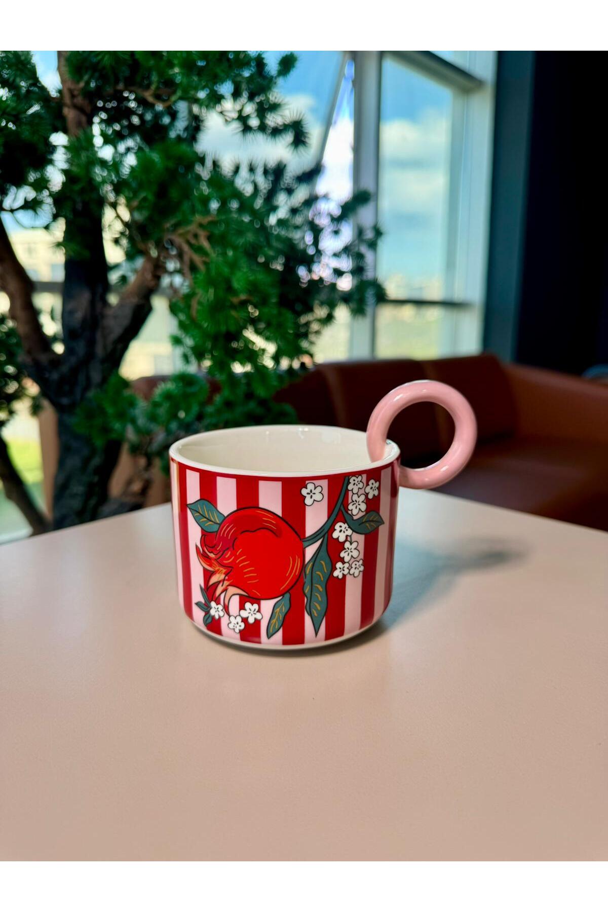 370 ml Pembe Kulplu Kupa Narlı | Dekoratif Kahve ve Çay Bardağı