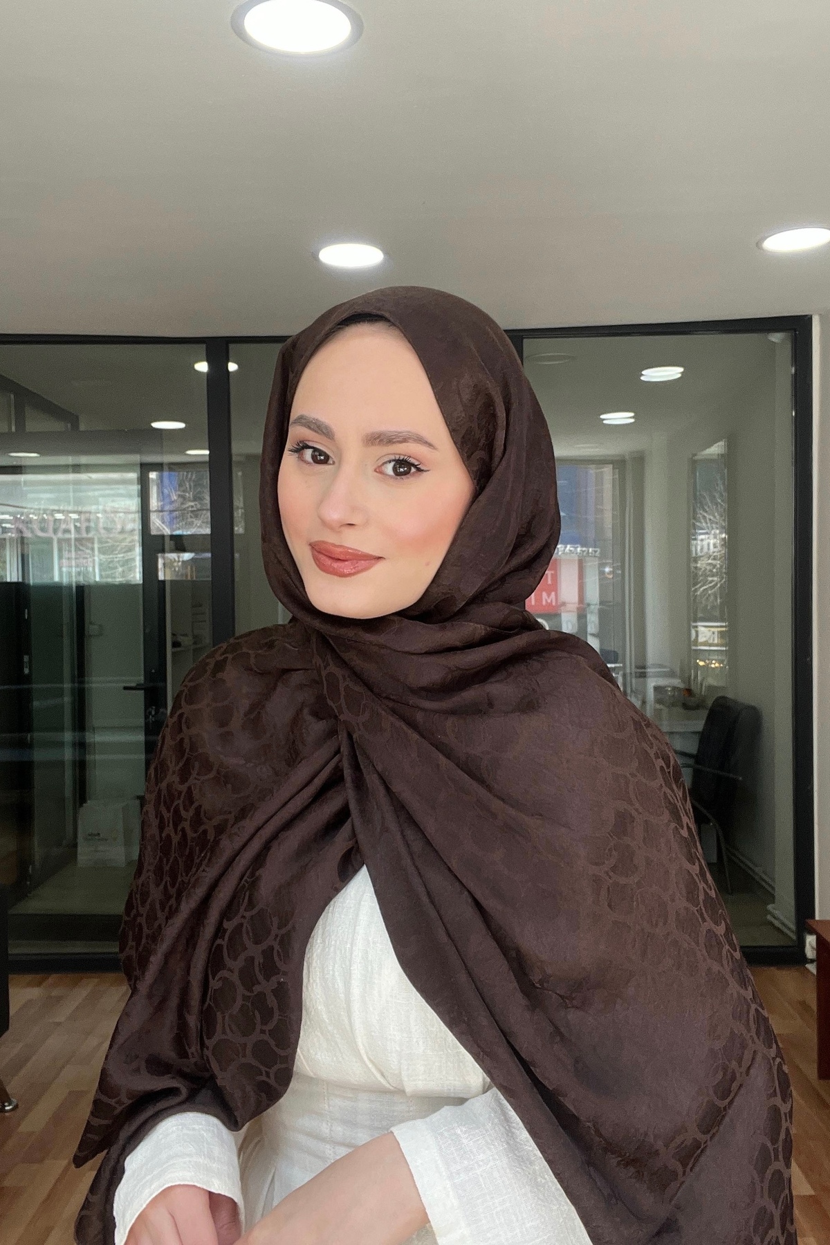YILDIZ SCARFS Premium Jakar Şal Halka Desen - Acı Kahve