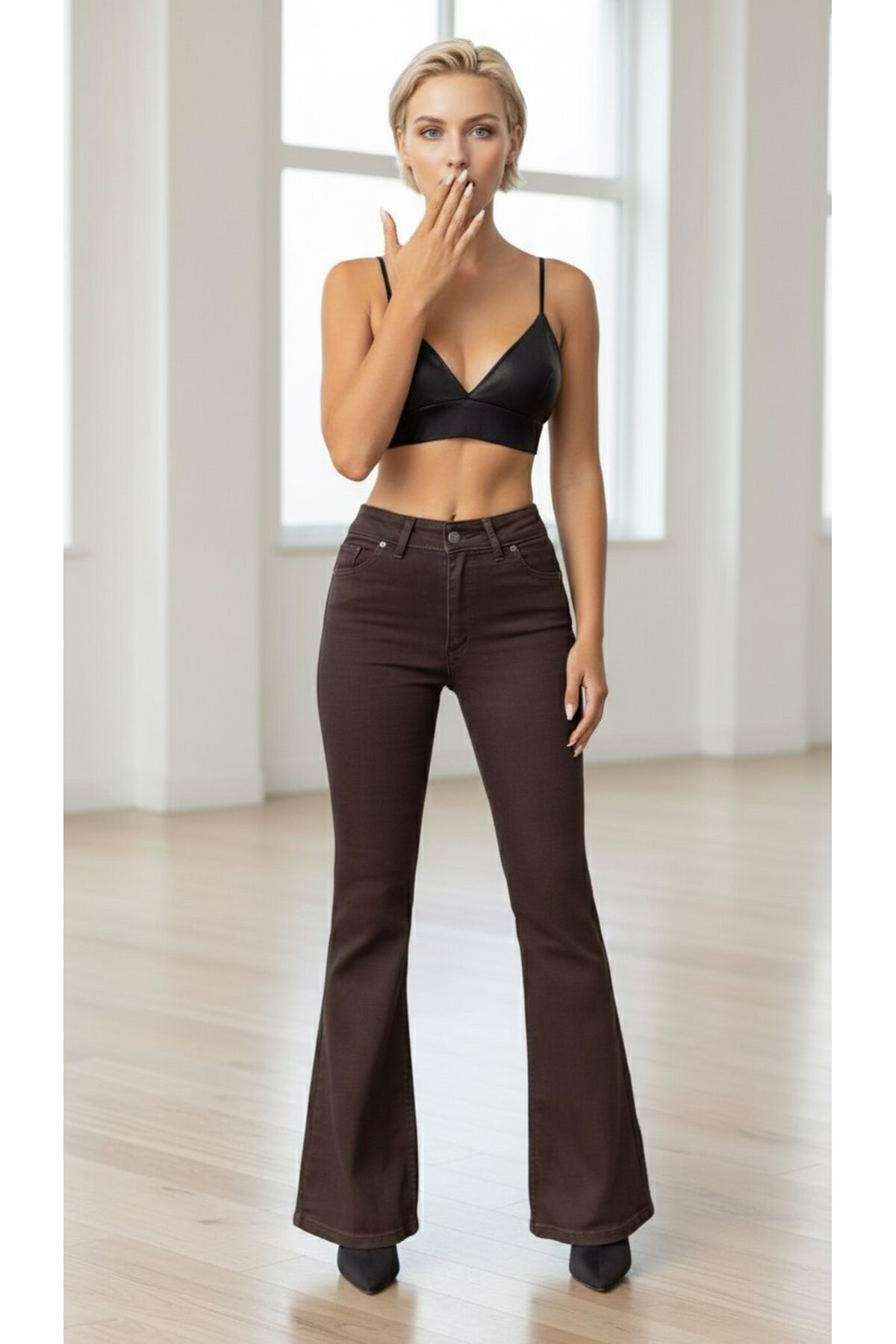 geenz manifacture Acı kahverengi Cherry Likralı Yüksek Ispanyol Ispanyol Jeans Pantolon görsel 2