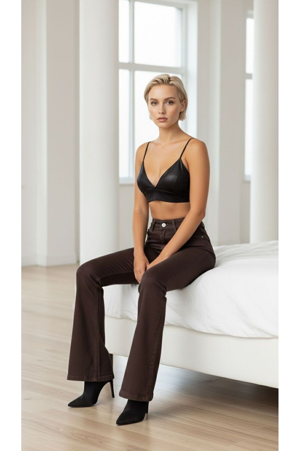 geenz manifacture Acı kahverengi Cherry Likralı Yüksek Ispanyol Ispanyol Jeans Pantolon görsel 5