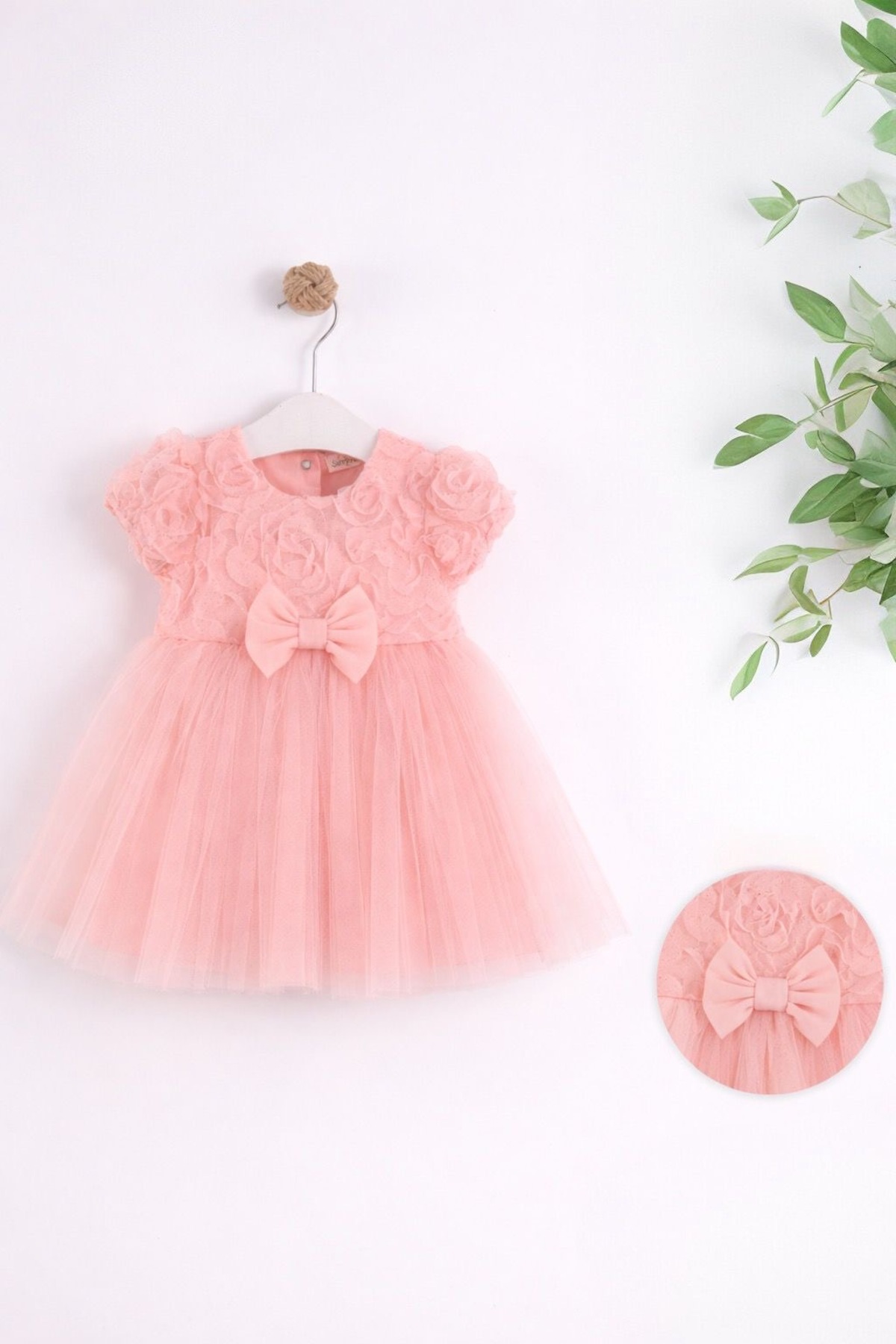 Serkon BABY Kız Bebek Pudra Pembe Tül Elbise Gül Detaylı Fiyonklu Doğum Günü Parti Prenses Elbisesi