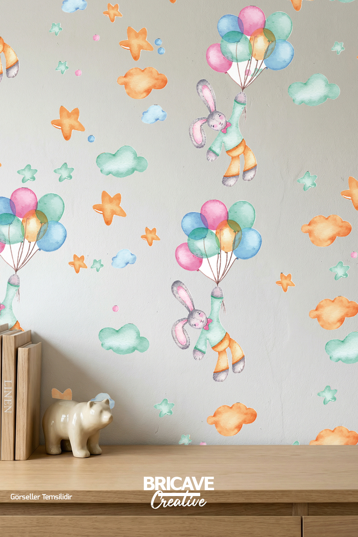 Watercolor Balloon Flying Rabbits and Colorful Clouds Kids Room Wall Sticker