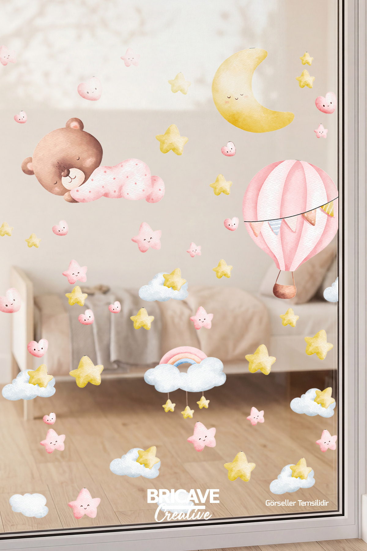 Watercolor Sleeping Teddy Bear and Pink Hot Air Balloon Kids Room Wall Sticker