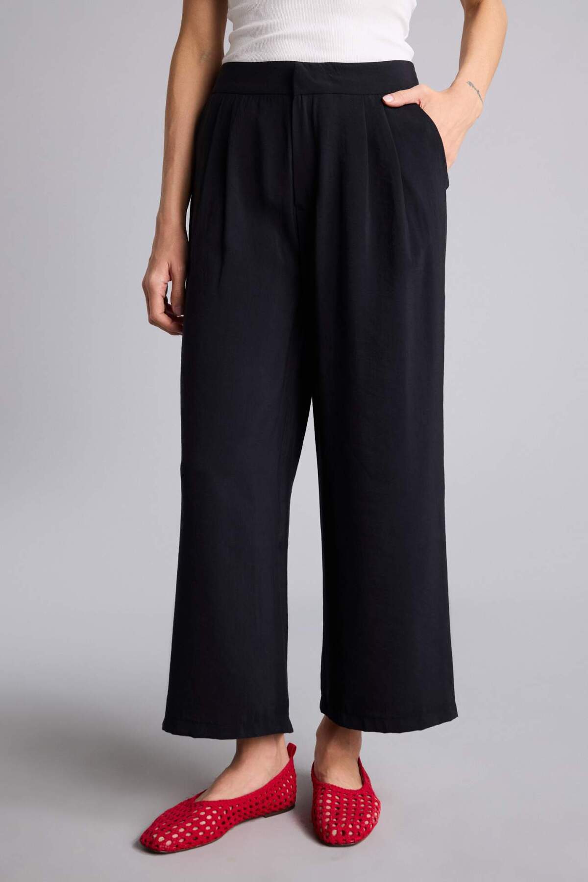 Defacto  Wıde Leg Fermuarlı Normal Bel Düz Paça Tencel Pantolon H1929AX26SM - Görsel 3