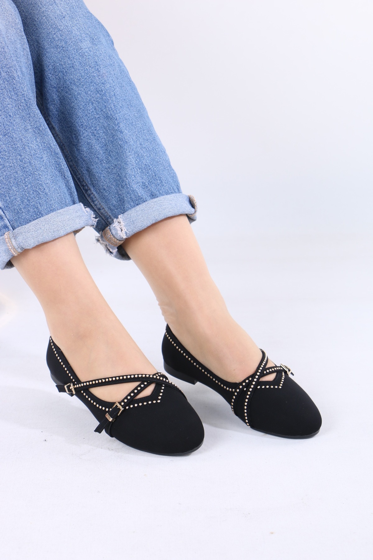 moda vav Babet Ayakkabı Kadın Ortopedik Taban Günlük taşlı çift bantlı görsel 4