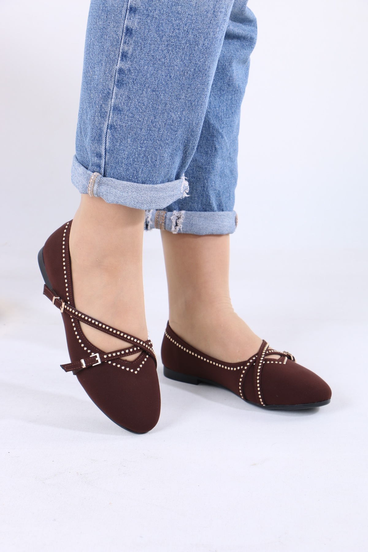 moda vav Babet Ayakkabı Kadın Ortopedik Taban Günlük taşlı çift bantlı görsel 2