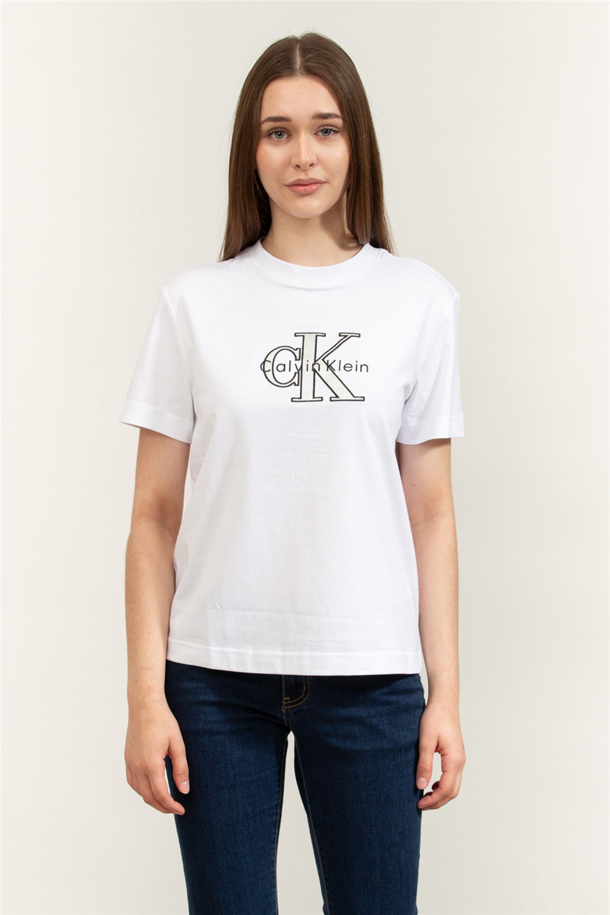Calvin Klein SS Classic Monologo Metallic Cne női kerékpáros nyakú póló fehér