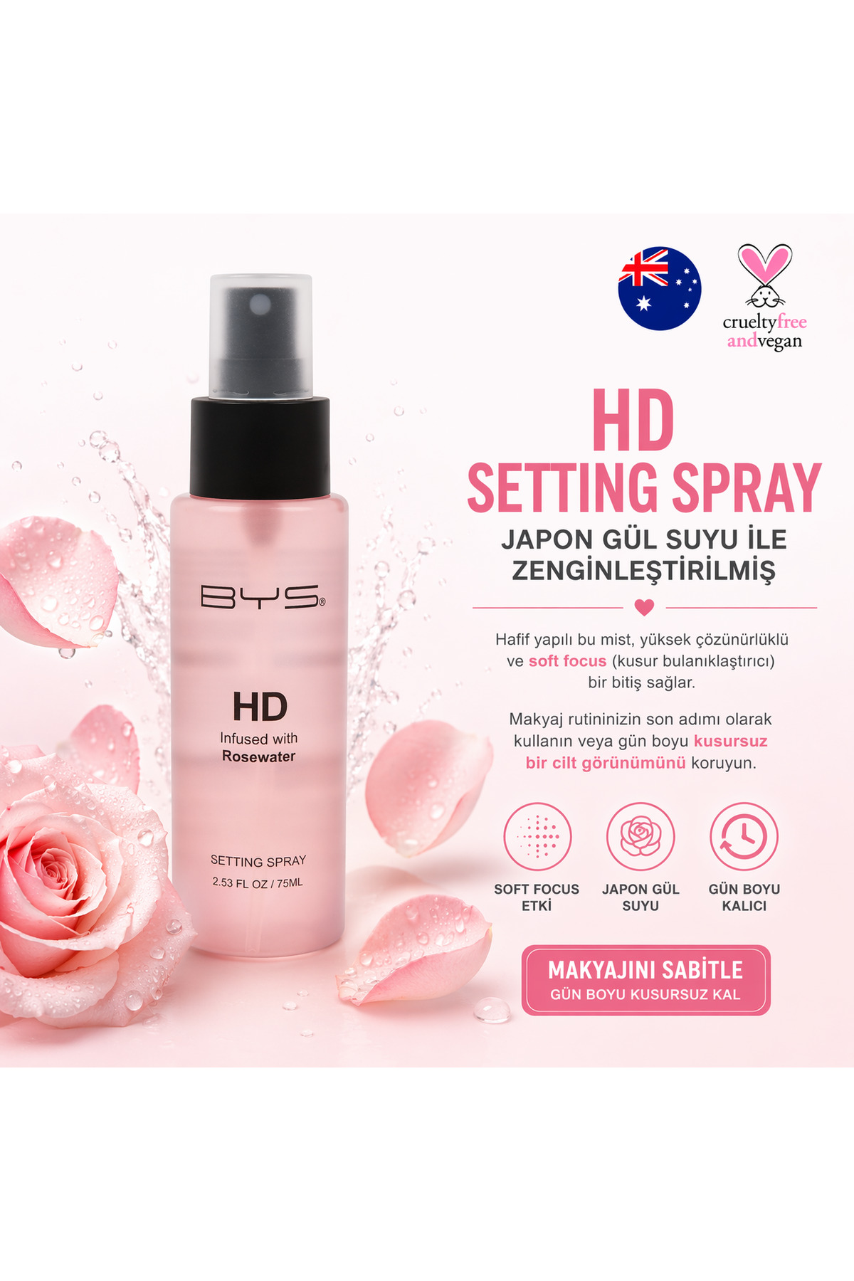 اسپری تثبیت کننده آرایش BYS مدل HD با گلاب (بر پایه گلاب، اسپری تثبیت کننده آرایش و طراوت بخش) — 9313880599917