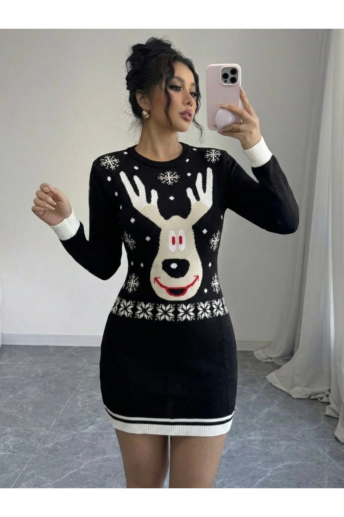 EGEMS Kadın Slim Fit Yılbaşı Temalı Triko Elbise -32494