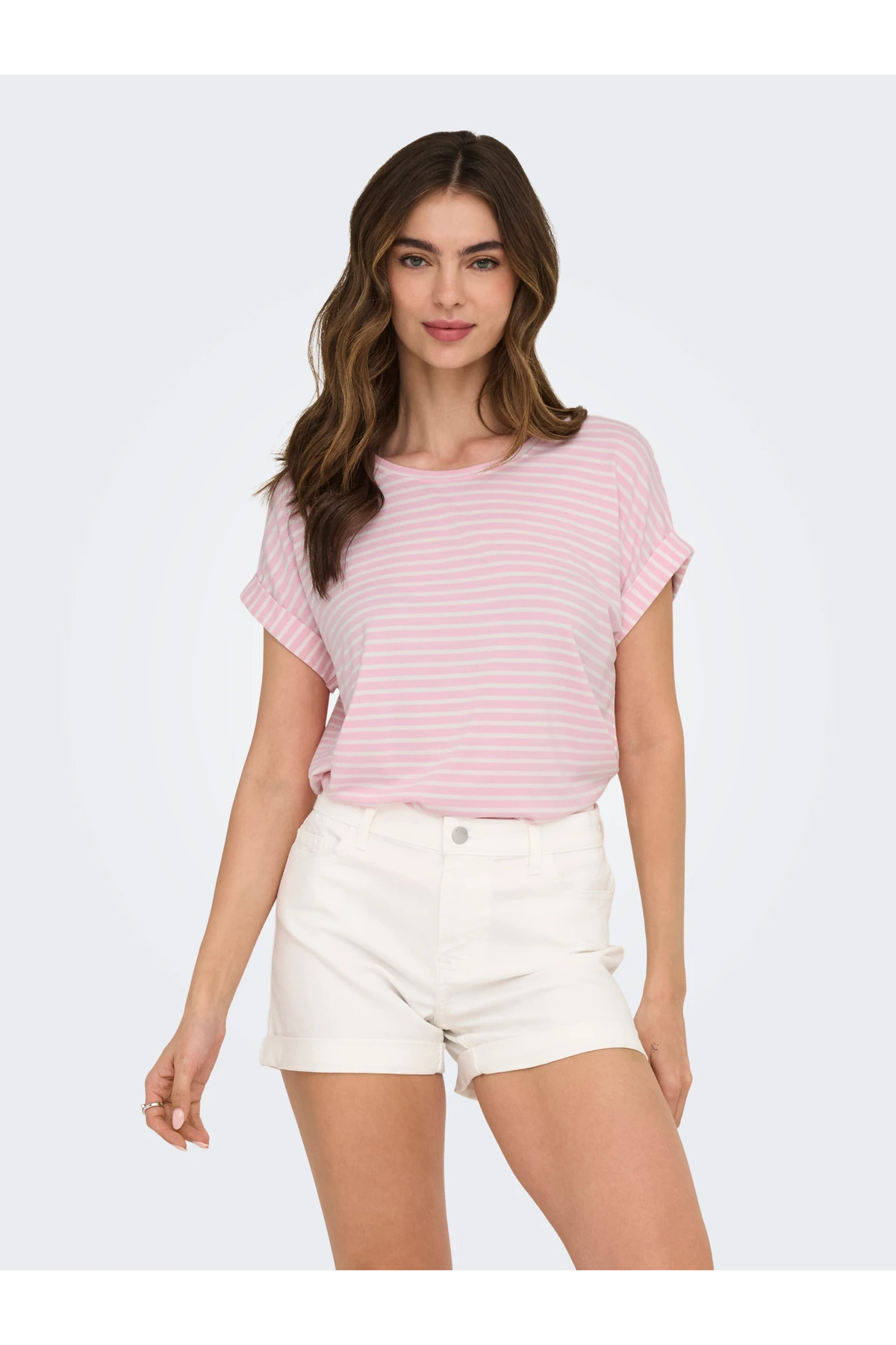Only Kadın 15206243 Onlmoster Strıpe S/S O-Neck Top Jrs Noos Pembe