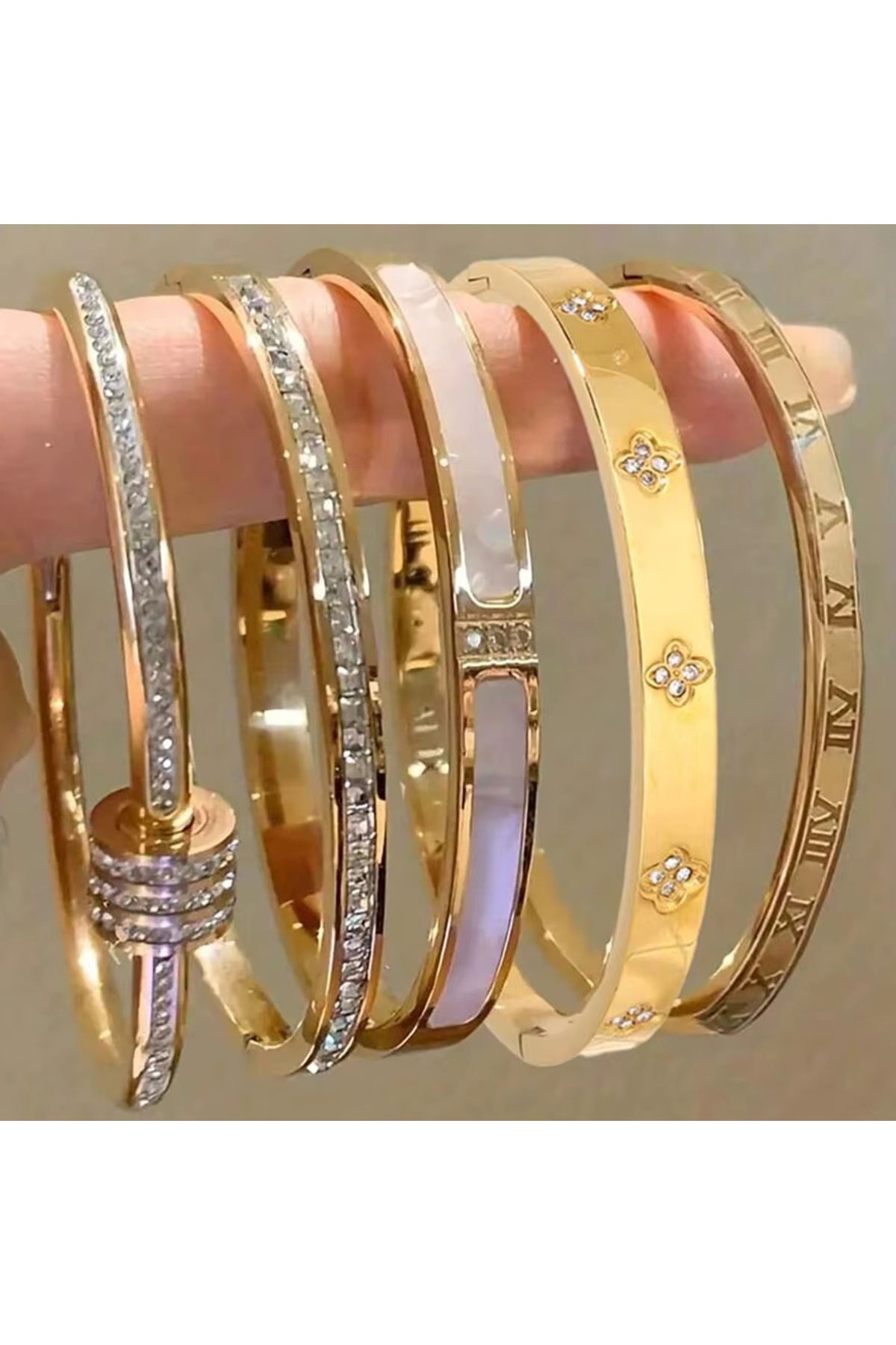 Choice1 5pcs Set 5/1pcs Sparkling Zirconia Inlaid Stainless Steel Bracelet Se...