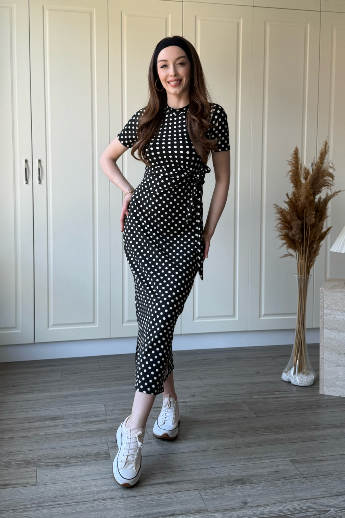 Polka Dot Modal Fabric Belted Midi Black Dress